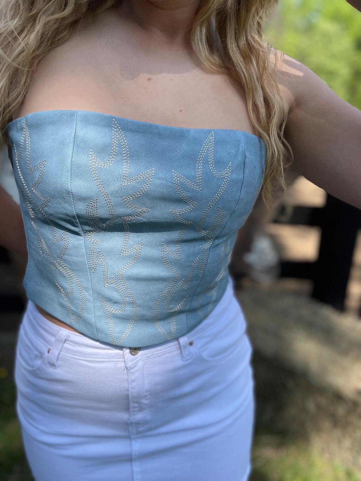 Arizona Boot Stitch Corset Top in Powder Blue