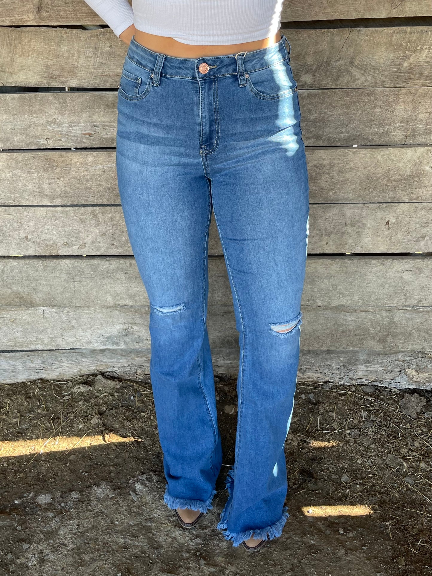 Bella Flare Jeans in Distressed Medium Wash (LONG INSEAM)