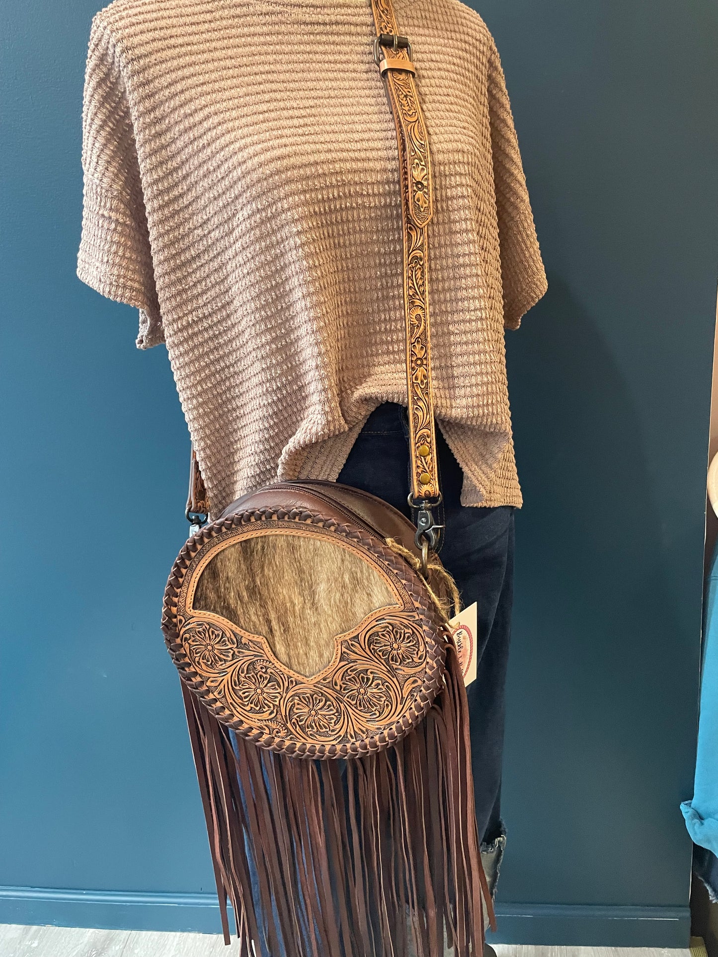 Genuine Cowhide Canteen Bag with Fringe