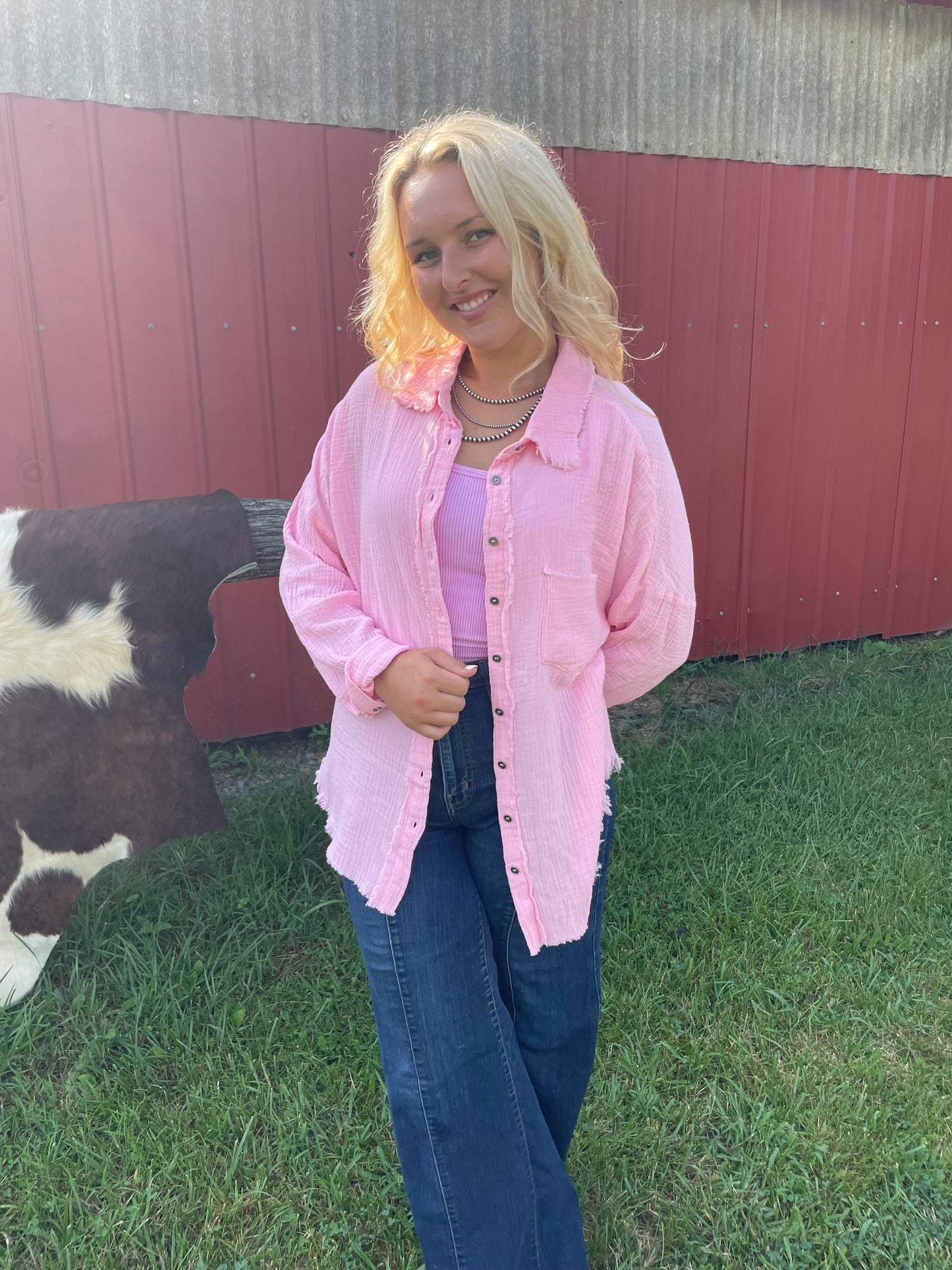 Basic Gauze Button-Up Shirt in Candy Pink