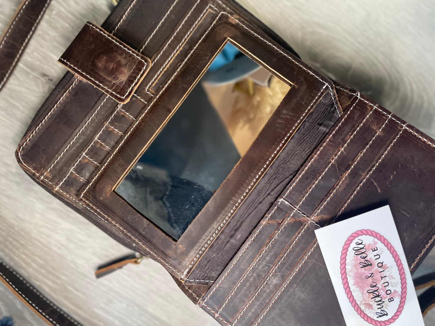 Genuine Leather Crossbody Bag with Aztec Embroidery