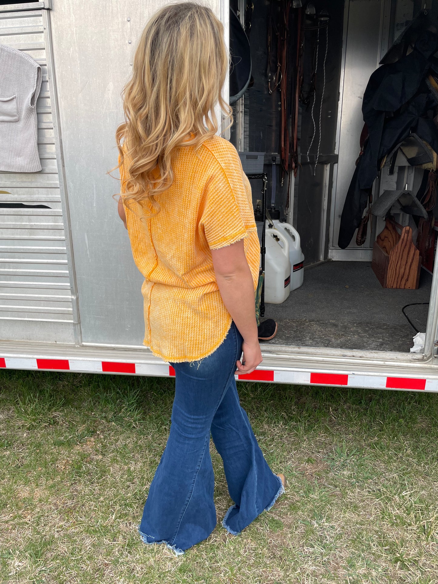 Raw Edge Waffle Knit Top in Yellow