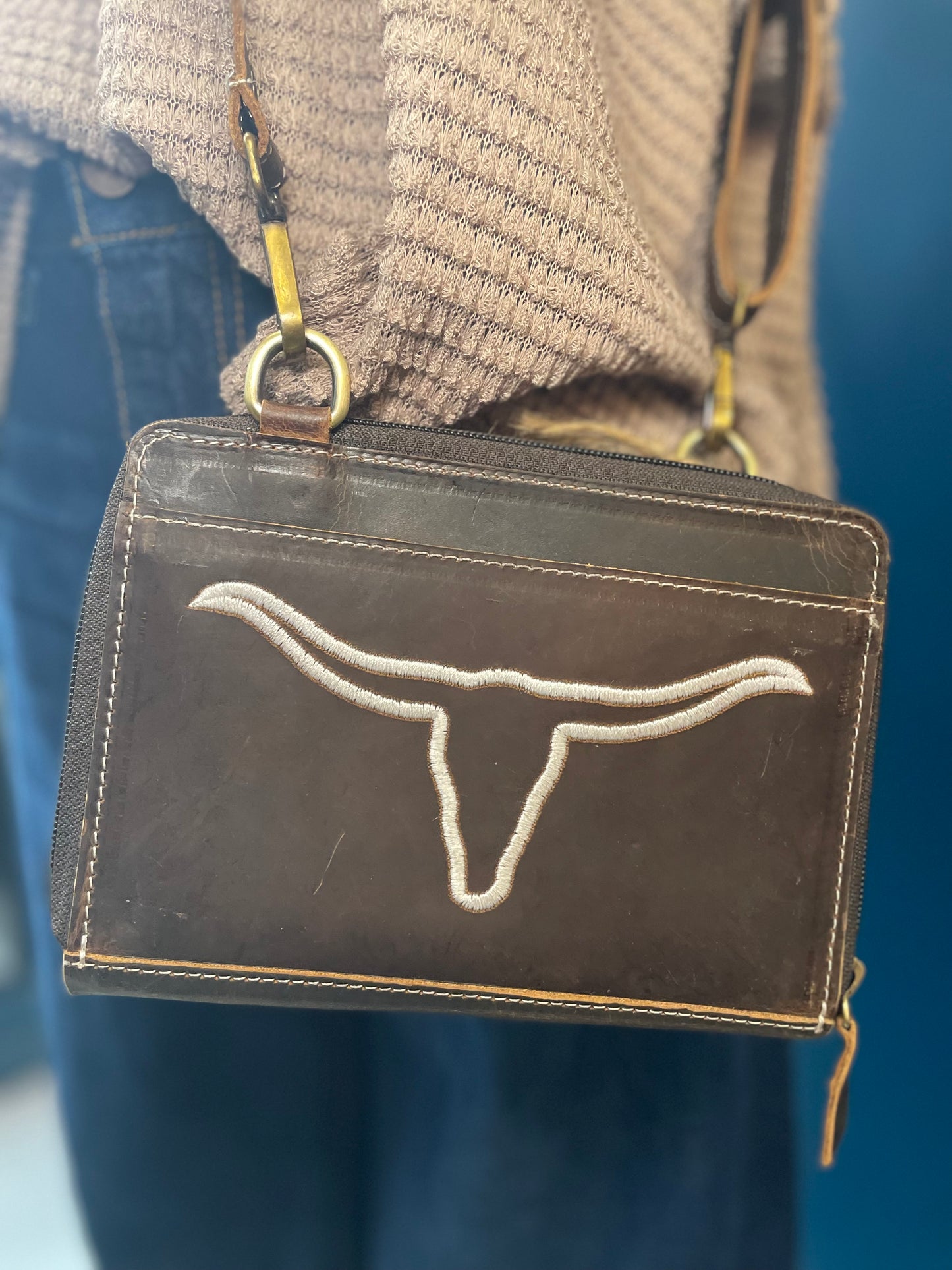 Genuine Leather Crossbody Bag with Longhorn Embroidery