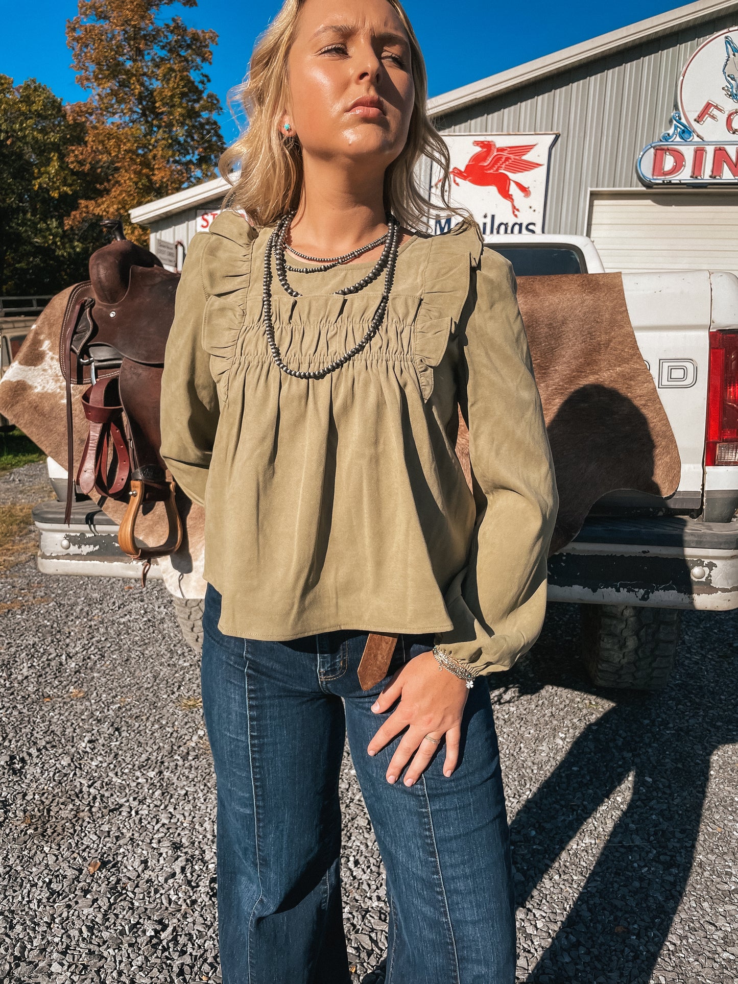 Sage Creek Ruffle Shoulder Top in Olive