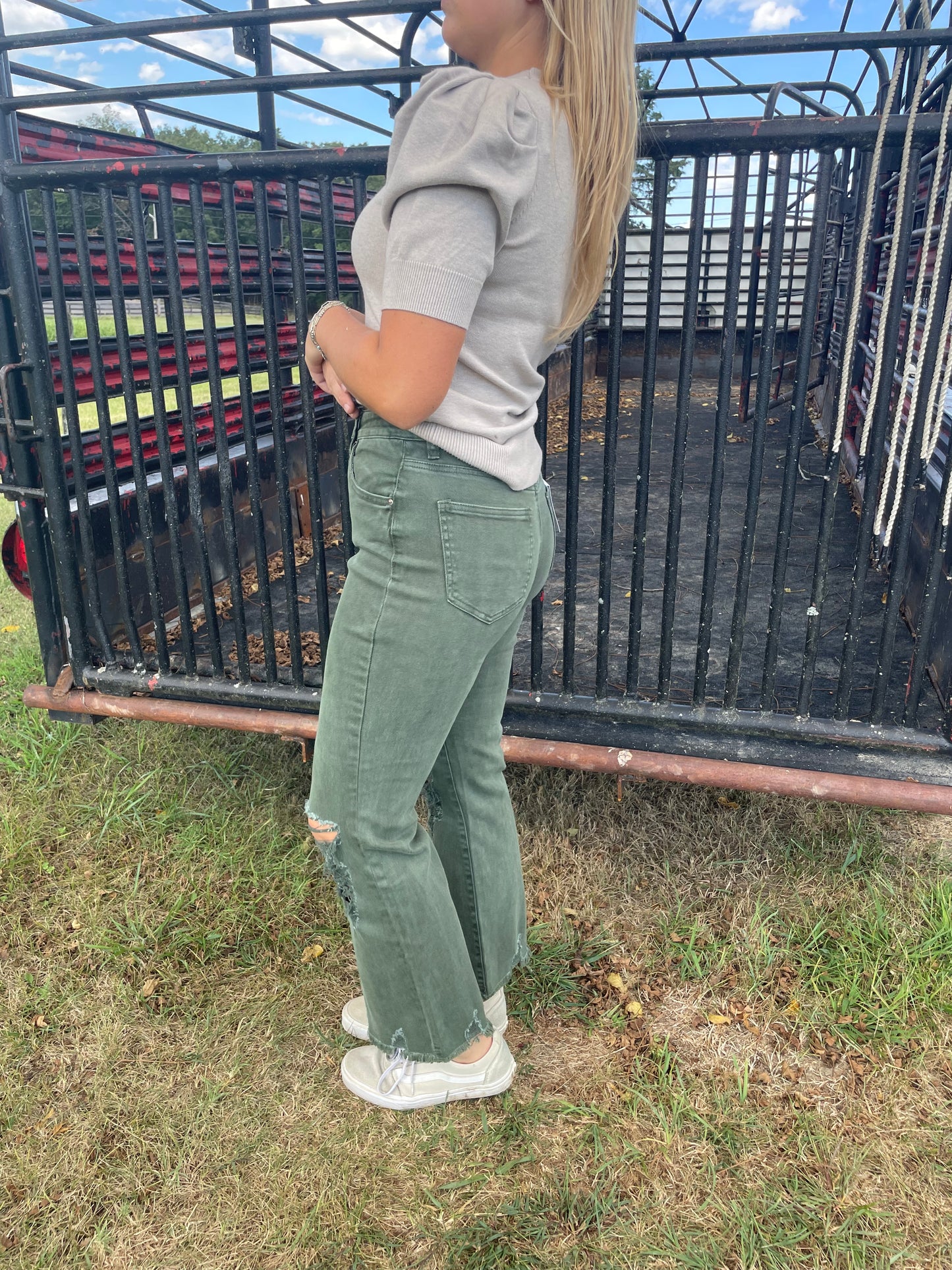 Annie Distressed Straight Leg Jeans in Olive