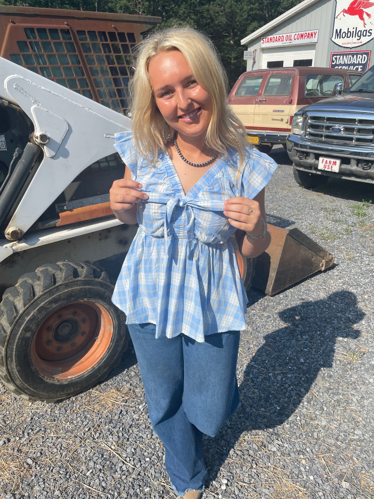 Blue Ribbon Bow Plaid Top
