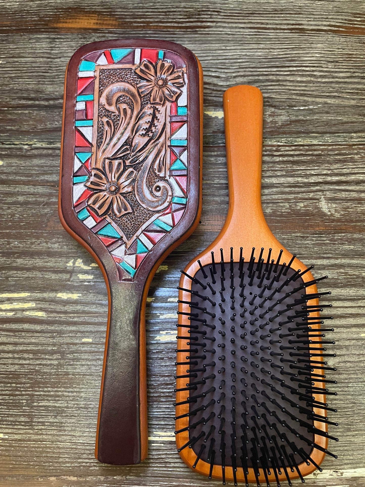 Genuine Tooled Leather Hair Brush