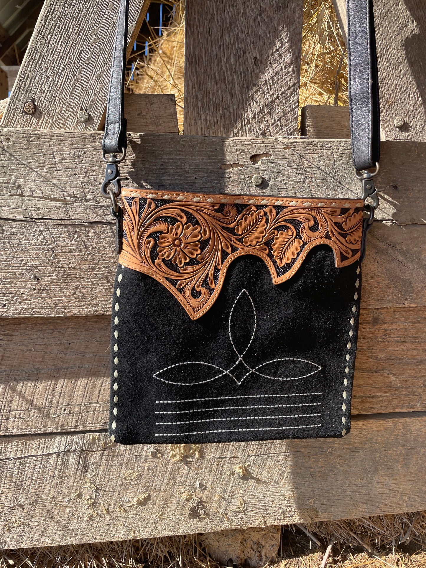 Roughout & Tooled Leather Boot Stitch Crossbody Bag