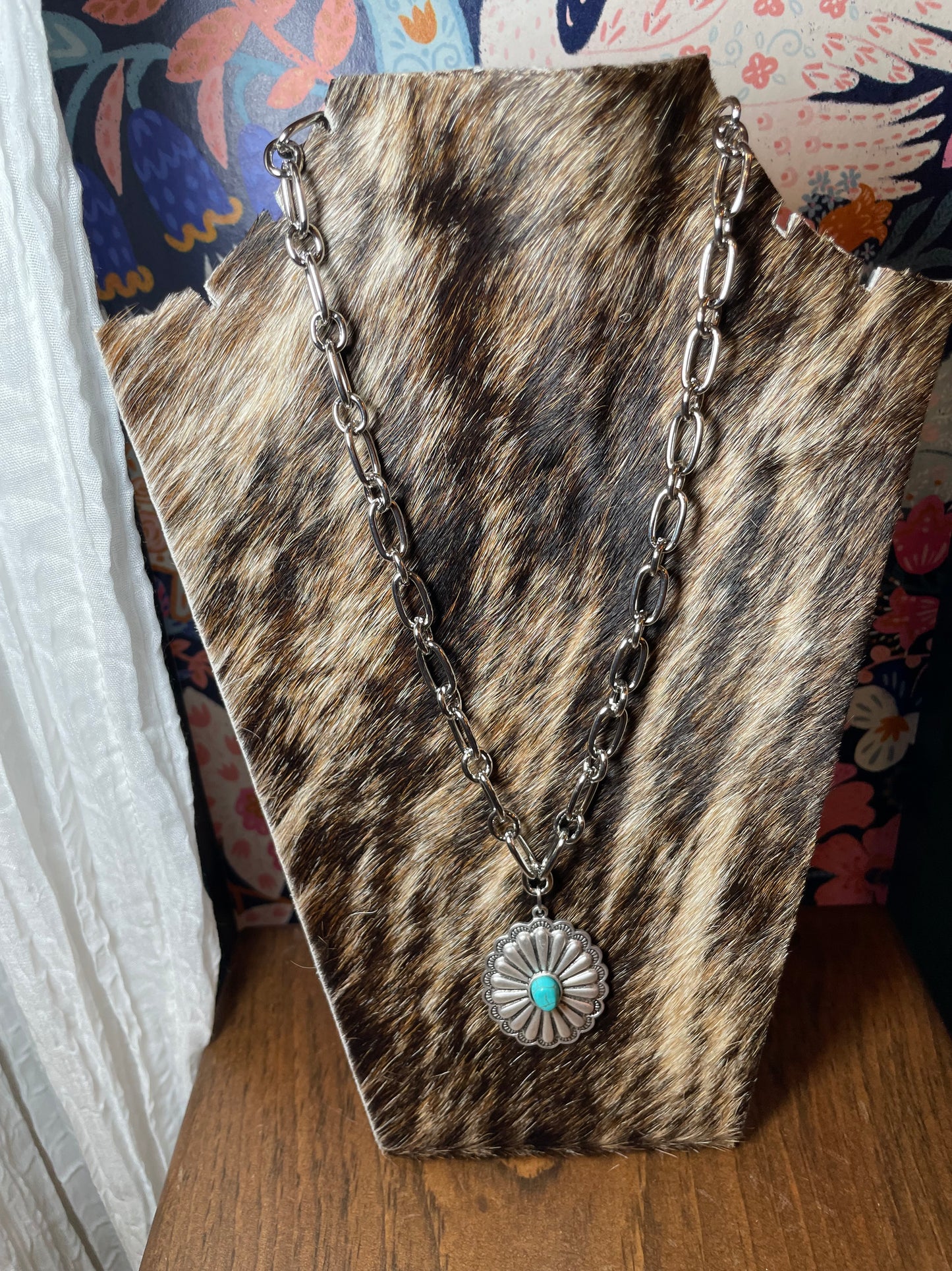 Chain Link Turquoise Concho Pendant Necklace