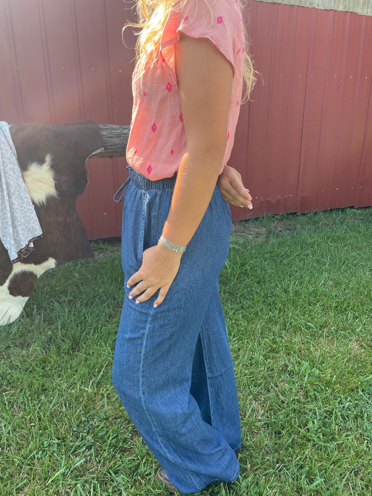 Flowy Denim Pants with Elastic Waistband