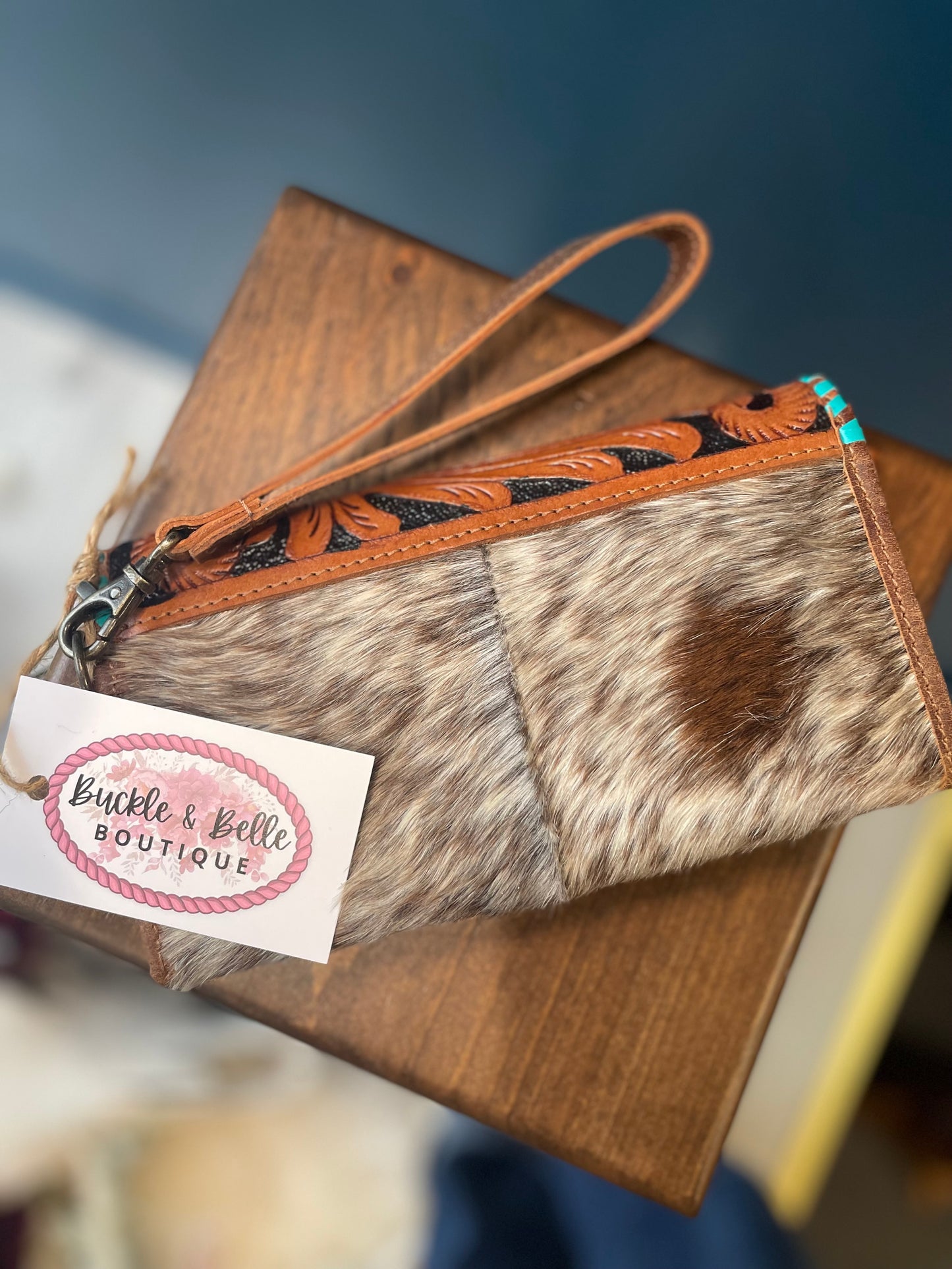 Genuine Cowhide & Tooled Leather Wristlet Wallet