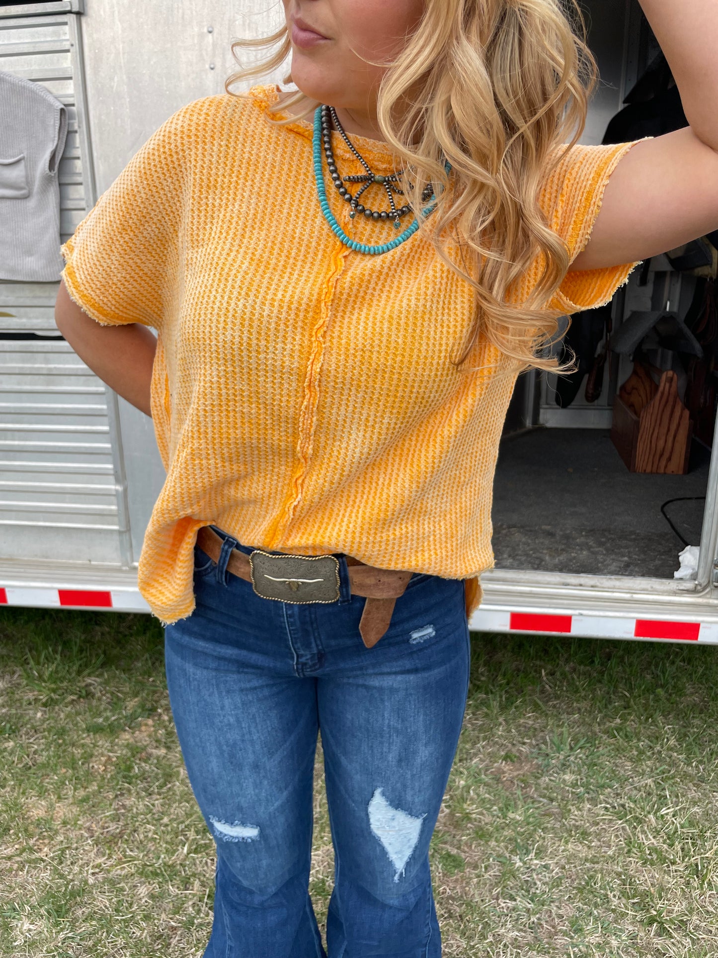 Raw Edge Waffle Knit Top in Yellow