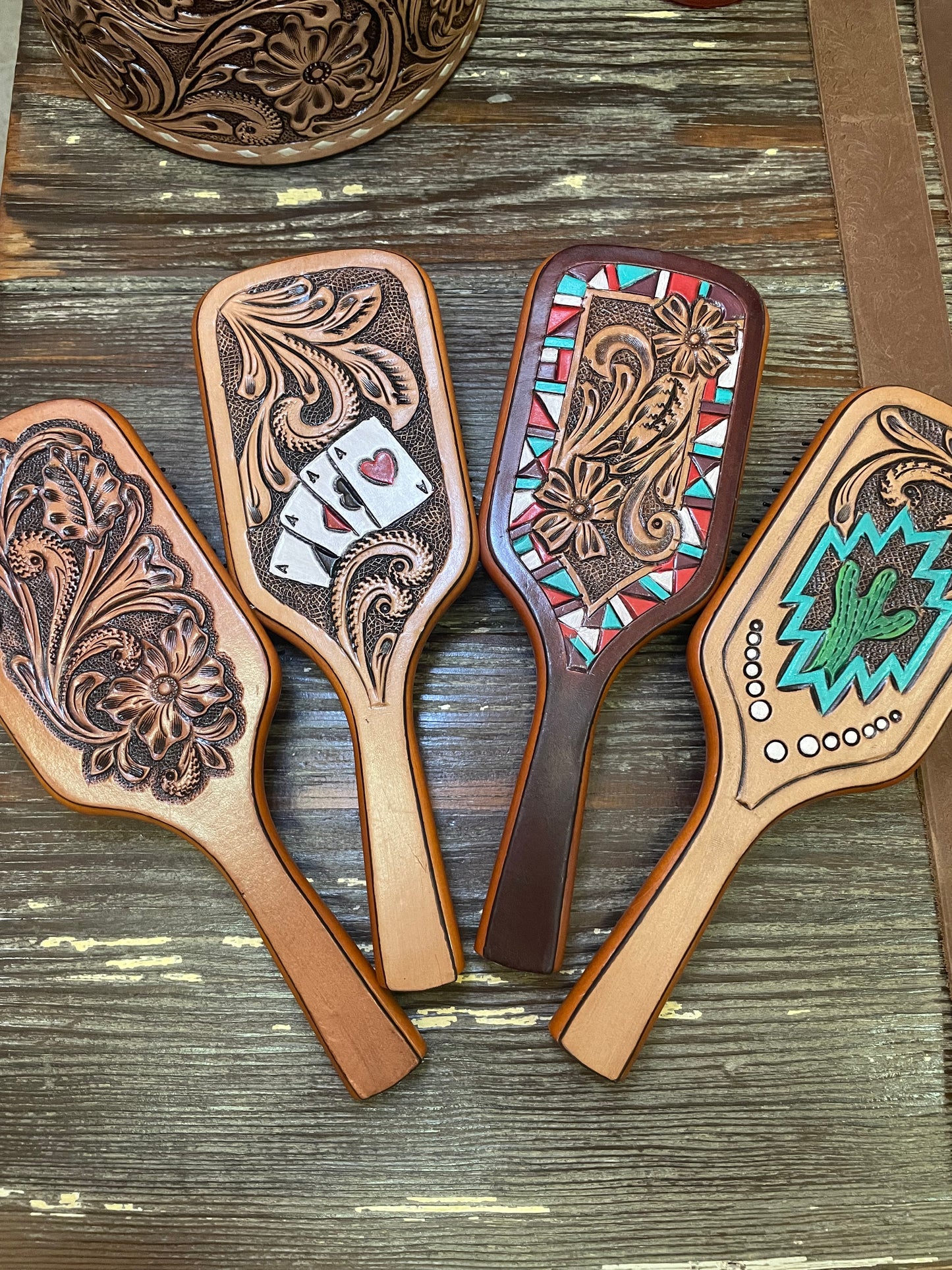 Genuine Tooled Leather Hair Brush