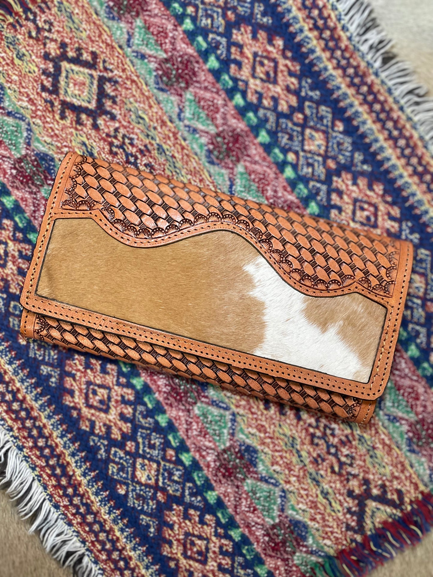Basketweave Leather & Cowhide Tri-fold Wallet