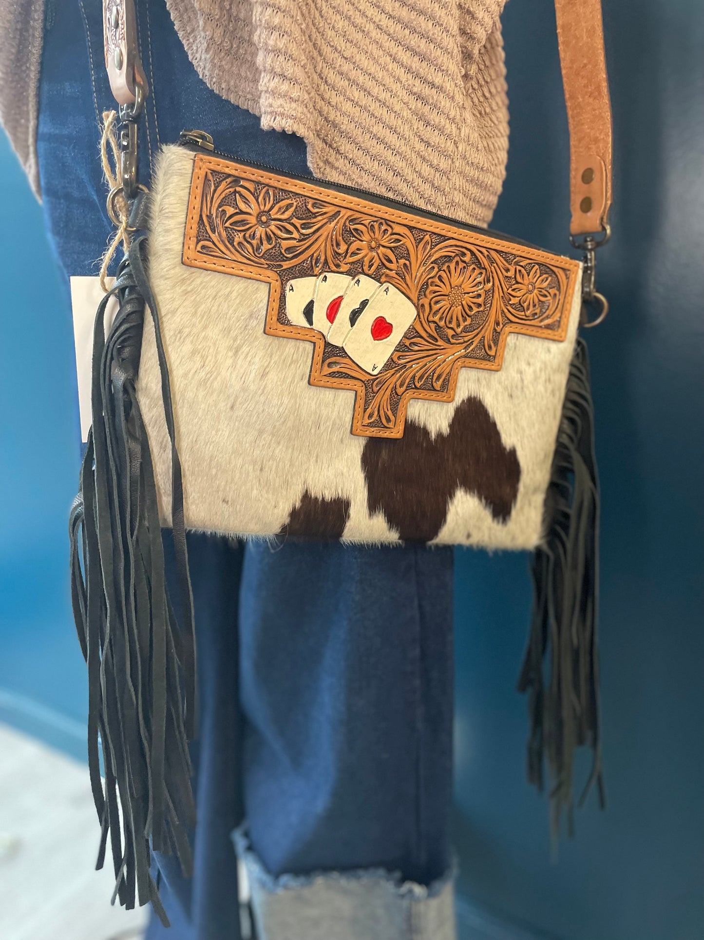 Genuine Cowhide Gambler Crossbody Bag with Fringe