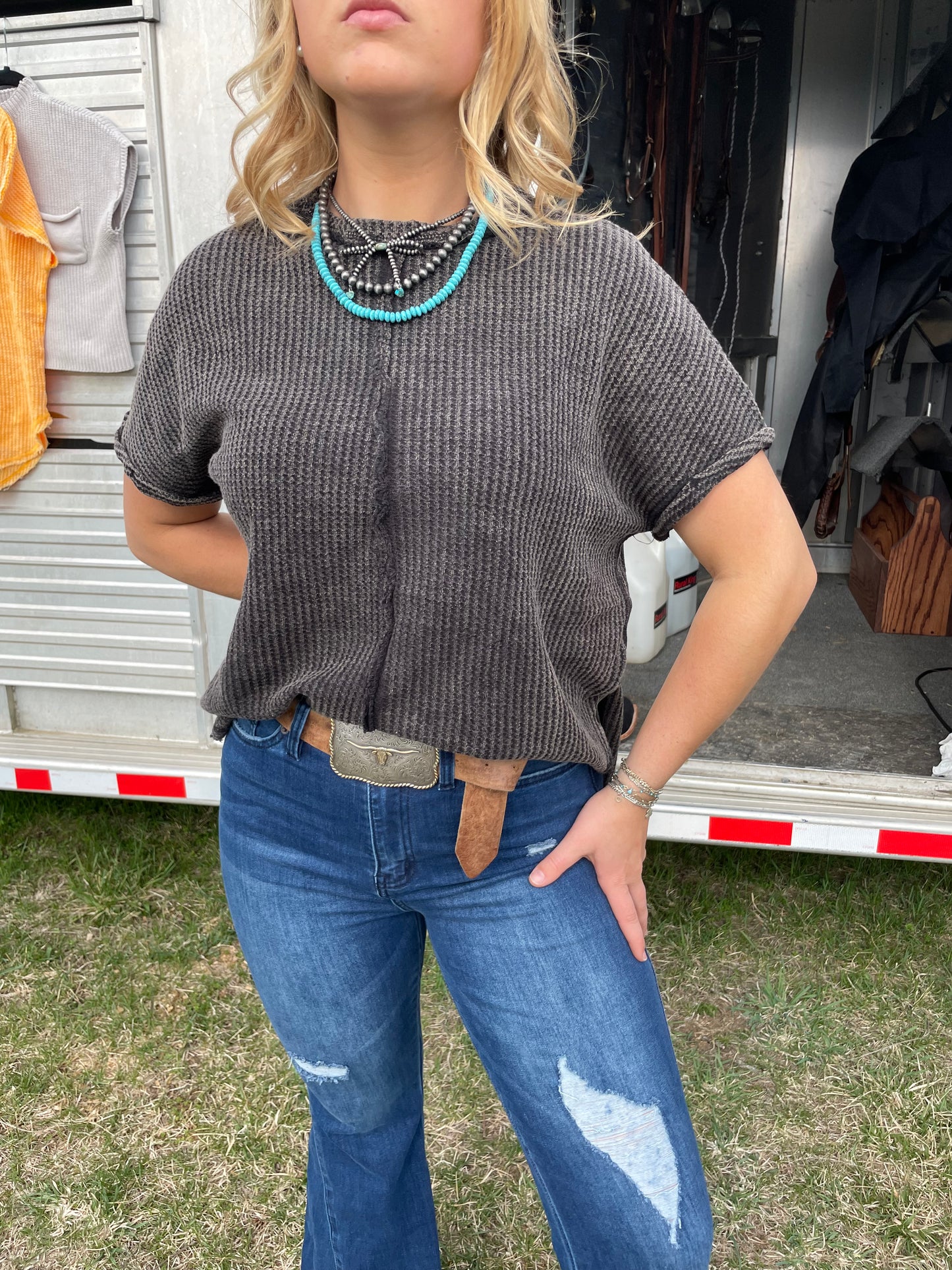 Raw Edge Waffle Knit Top in Black