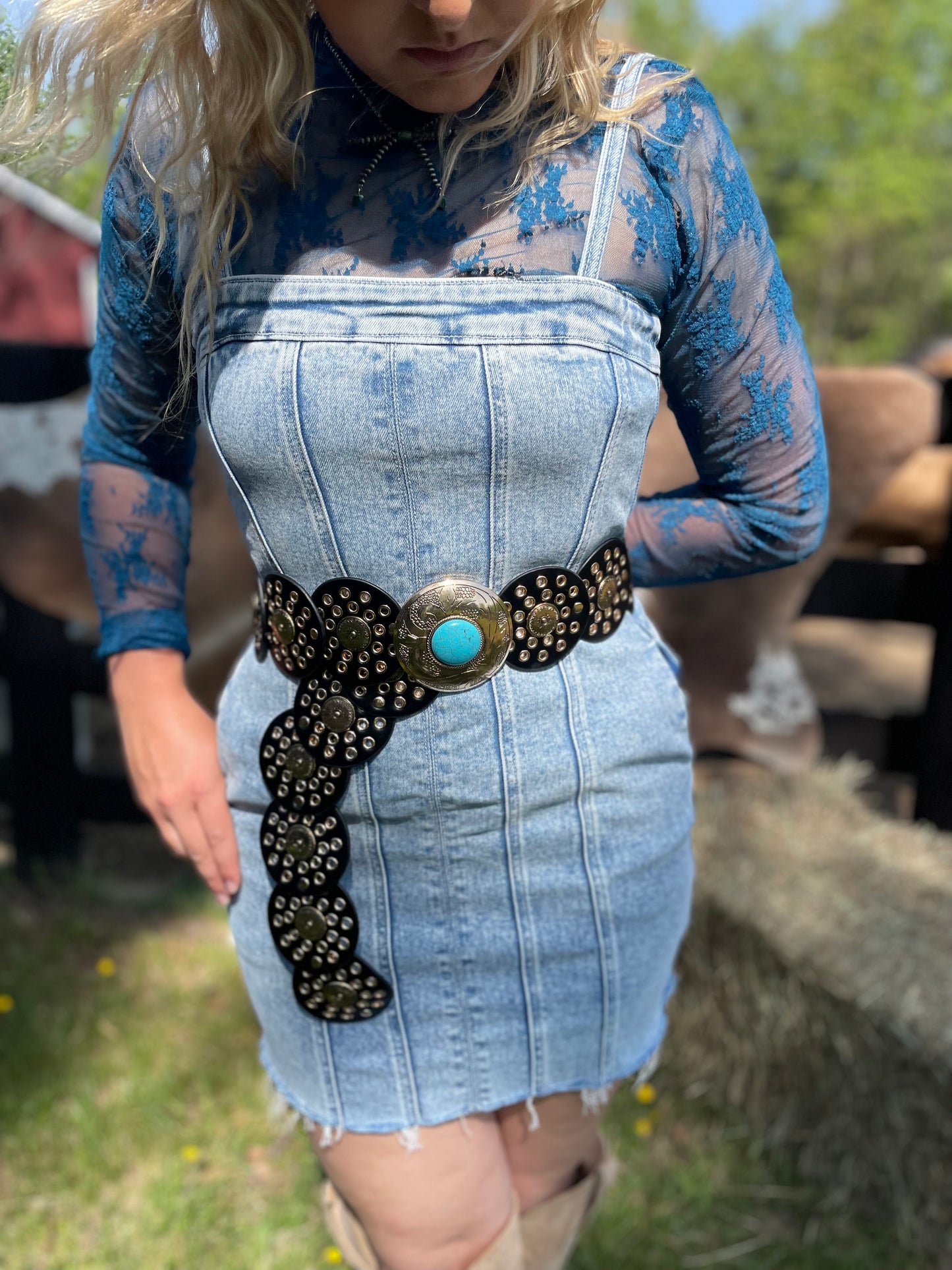 Black Cut Out Coin Belt with Turquoise