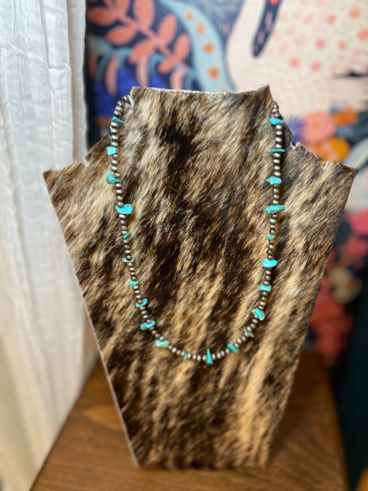 Turquoise Stone Accent Single Strand Navajo Pearl Necklace