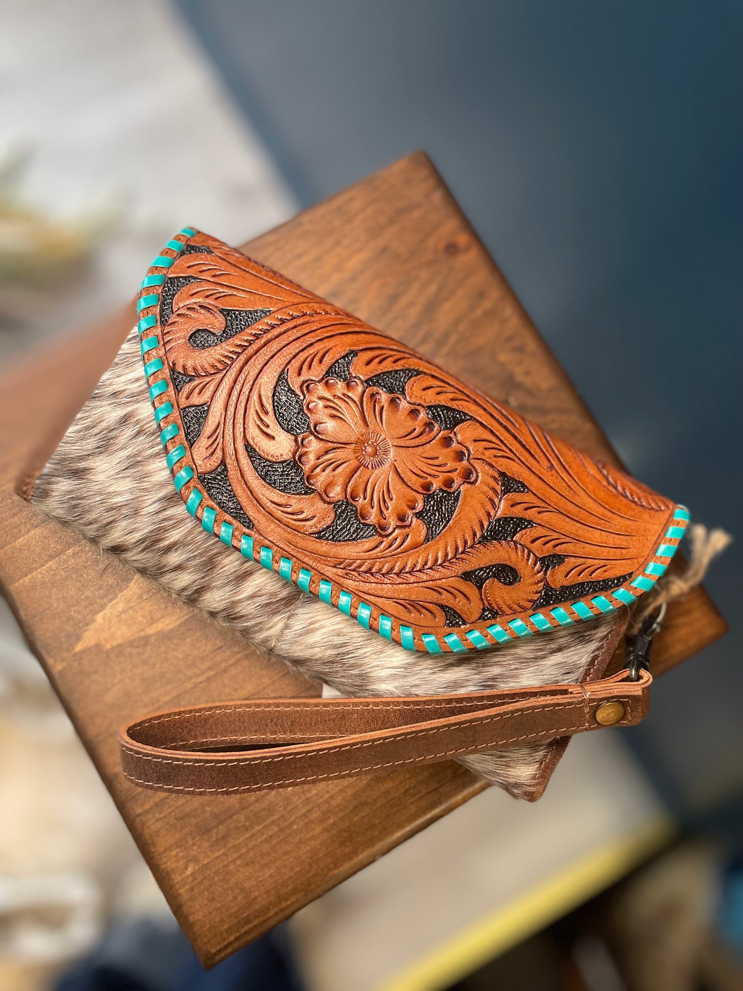 Genuine Cowhide & Tooled Leather Wristlet Wallet