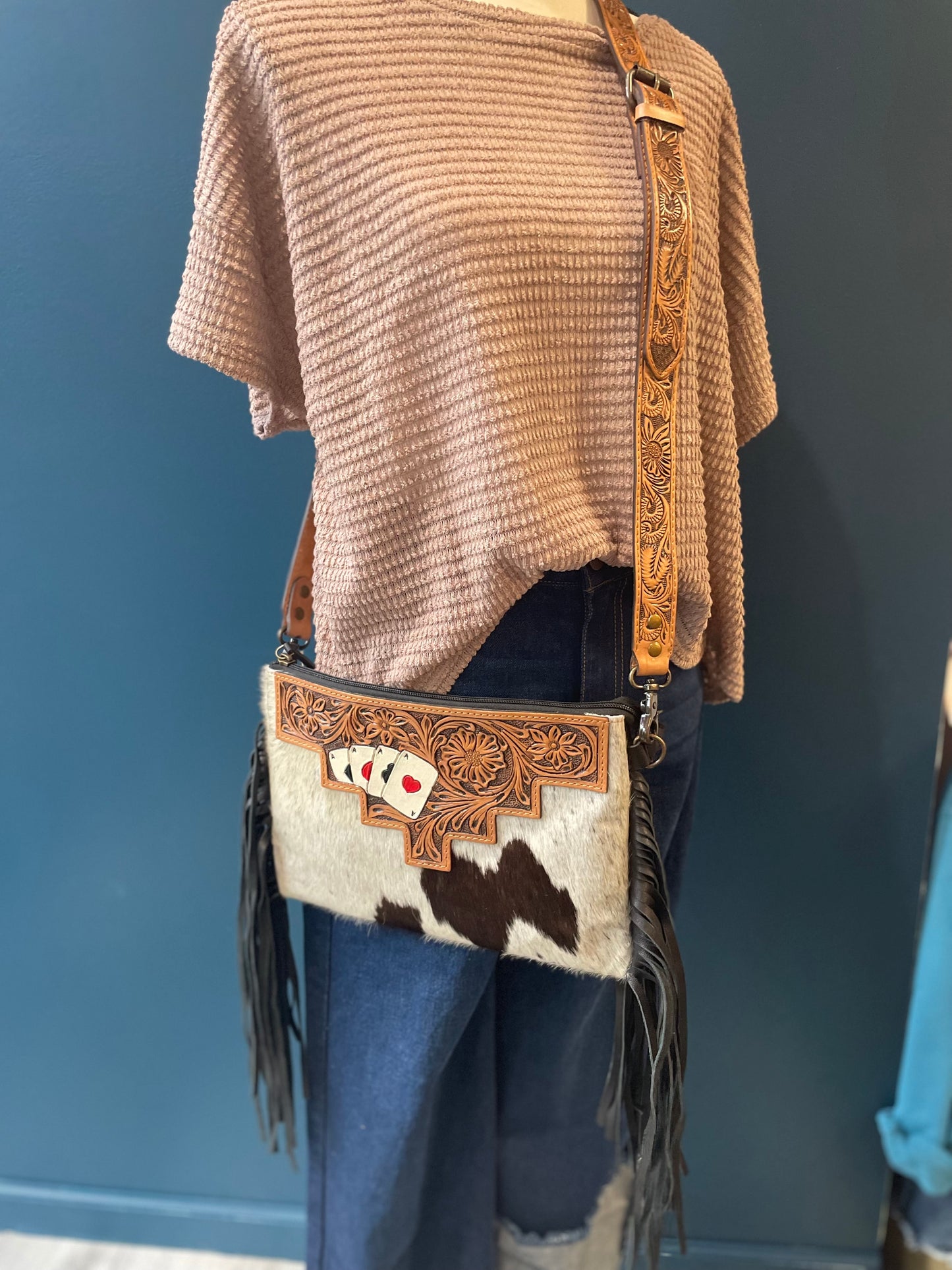 Genuine Cowhide Gambler Crossbody Bag with Fringe
