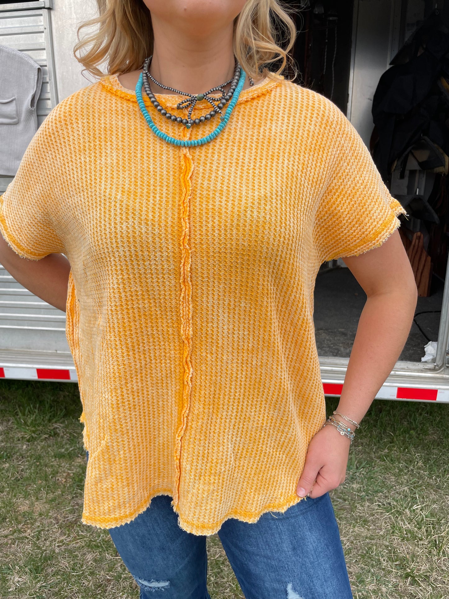 Raw Edge Waffle Knit Top in Yellow