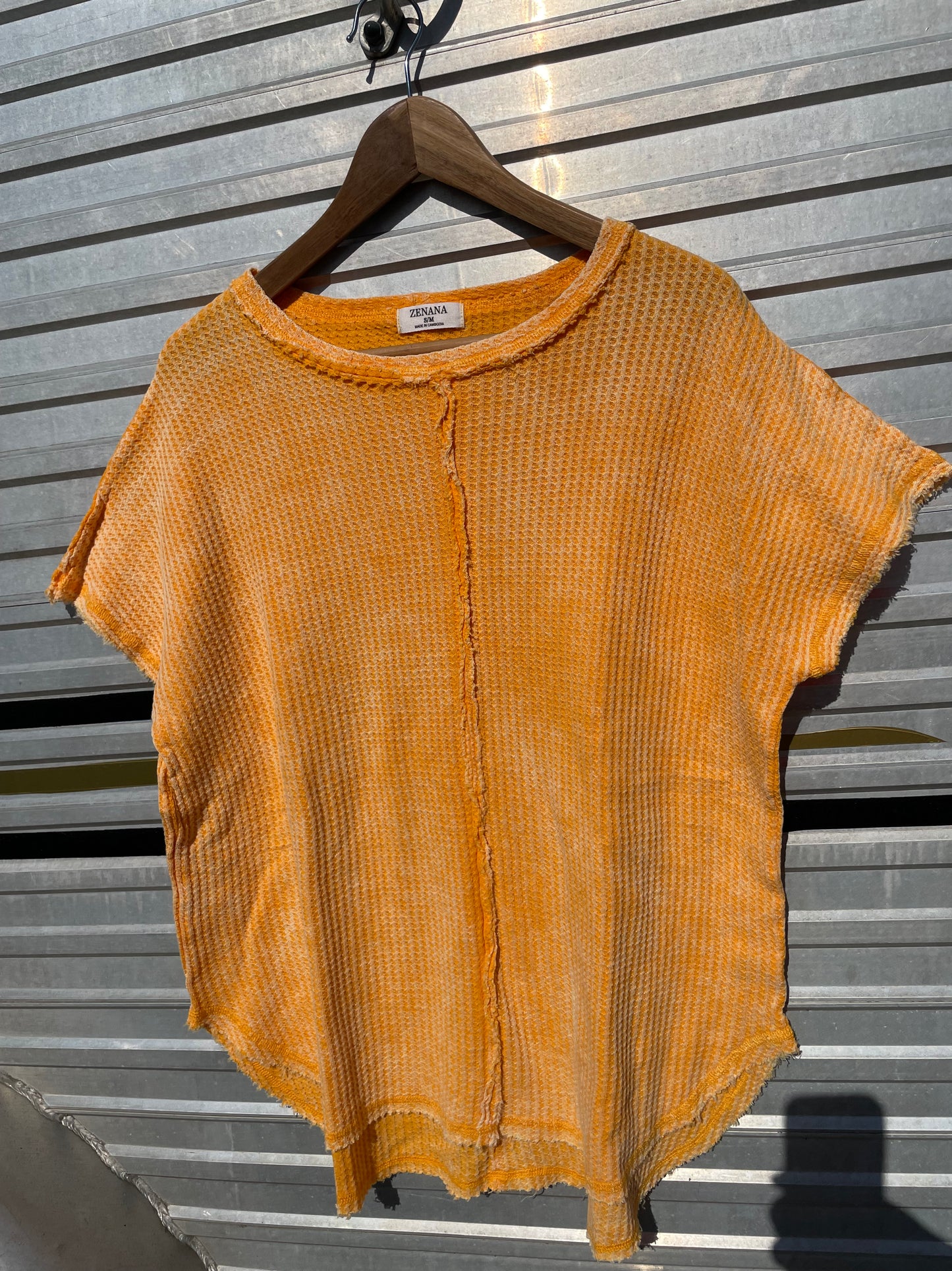 Raw Edge Waffle Knit Top in Yellow
