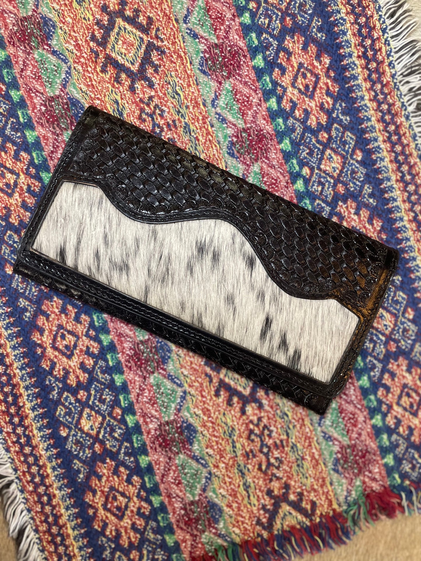 Basketweave Leather & Cowhide Tri-fold Wallet