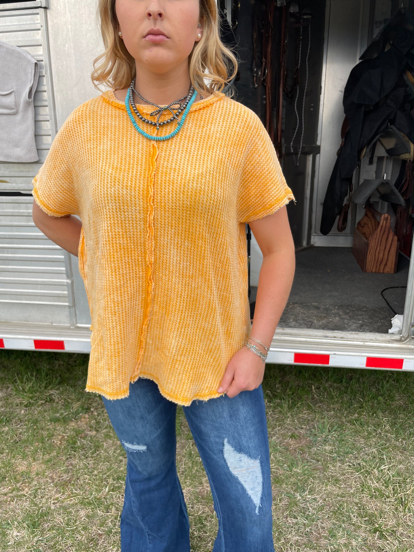 Raw Edge Waffle Knit Top in Yellow