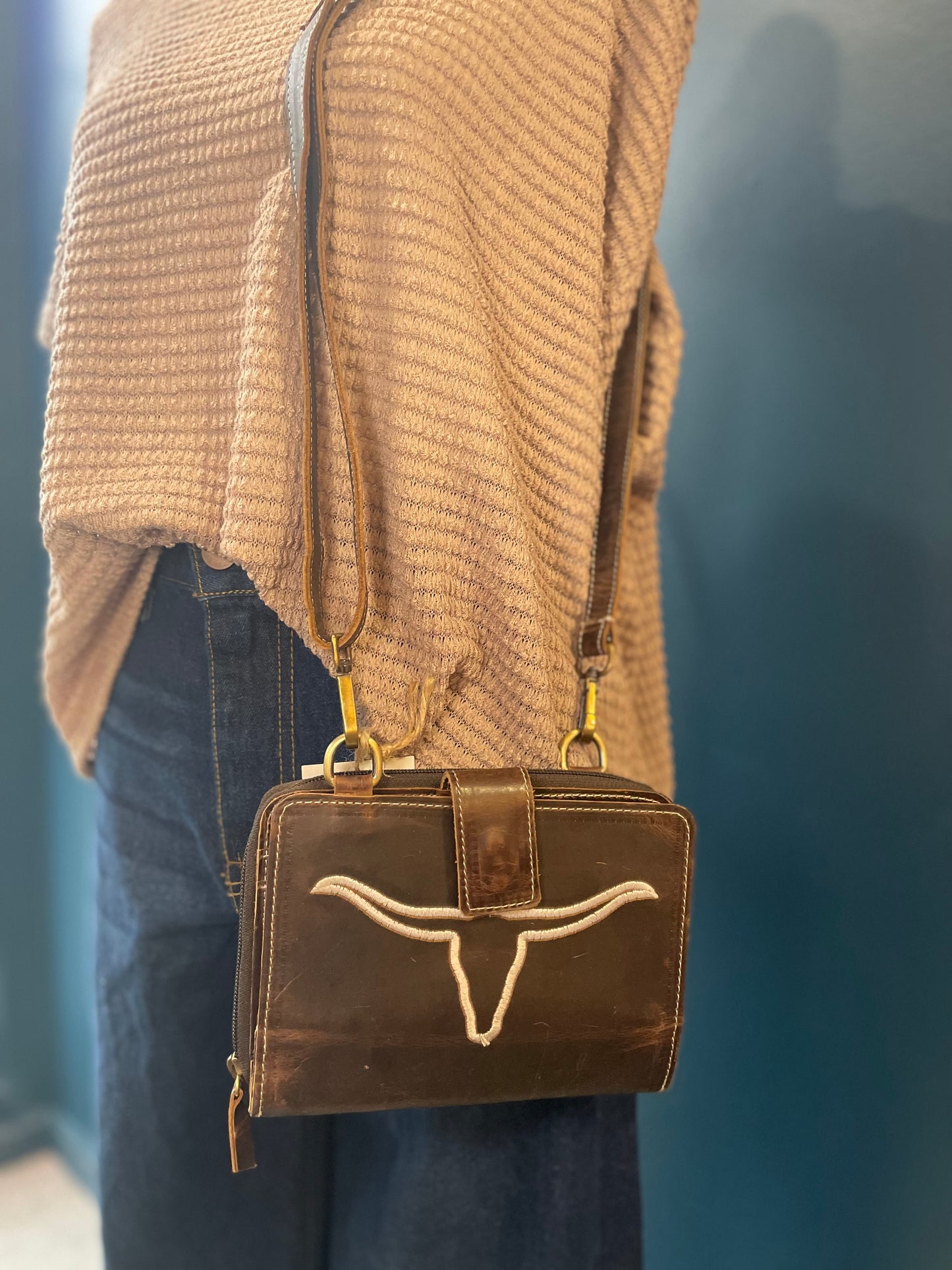 Genuine Leather Crossbody Bag with Longhorn Embroidery