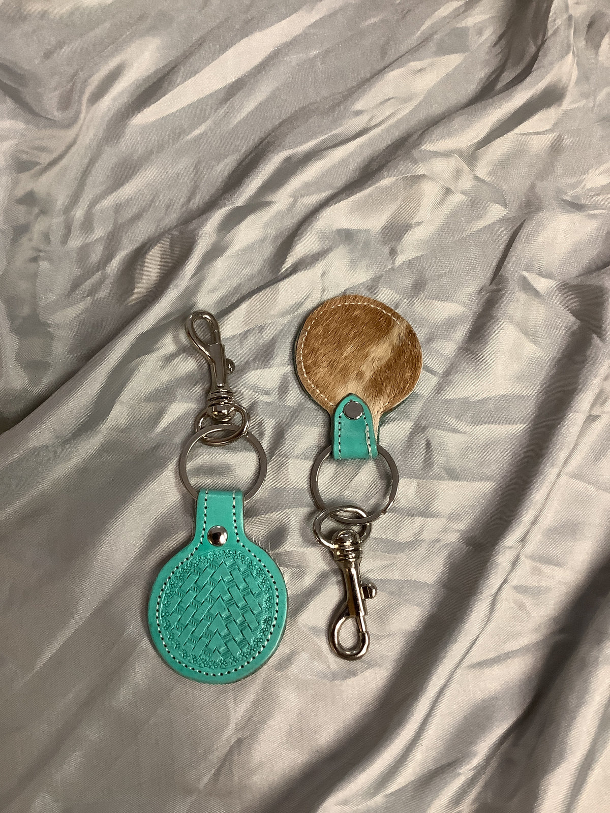 Basket Stitch Circle Cowhide Keychain // Turquoise