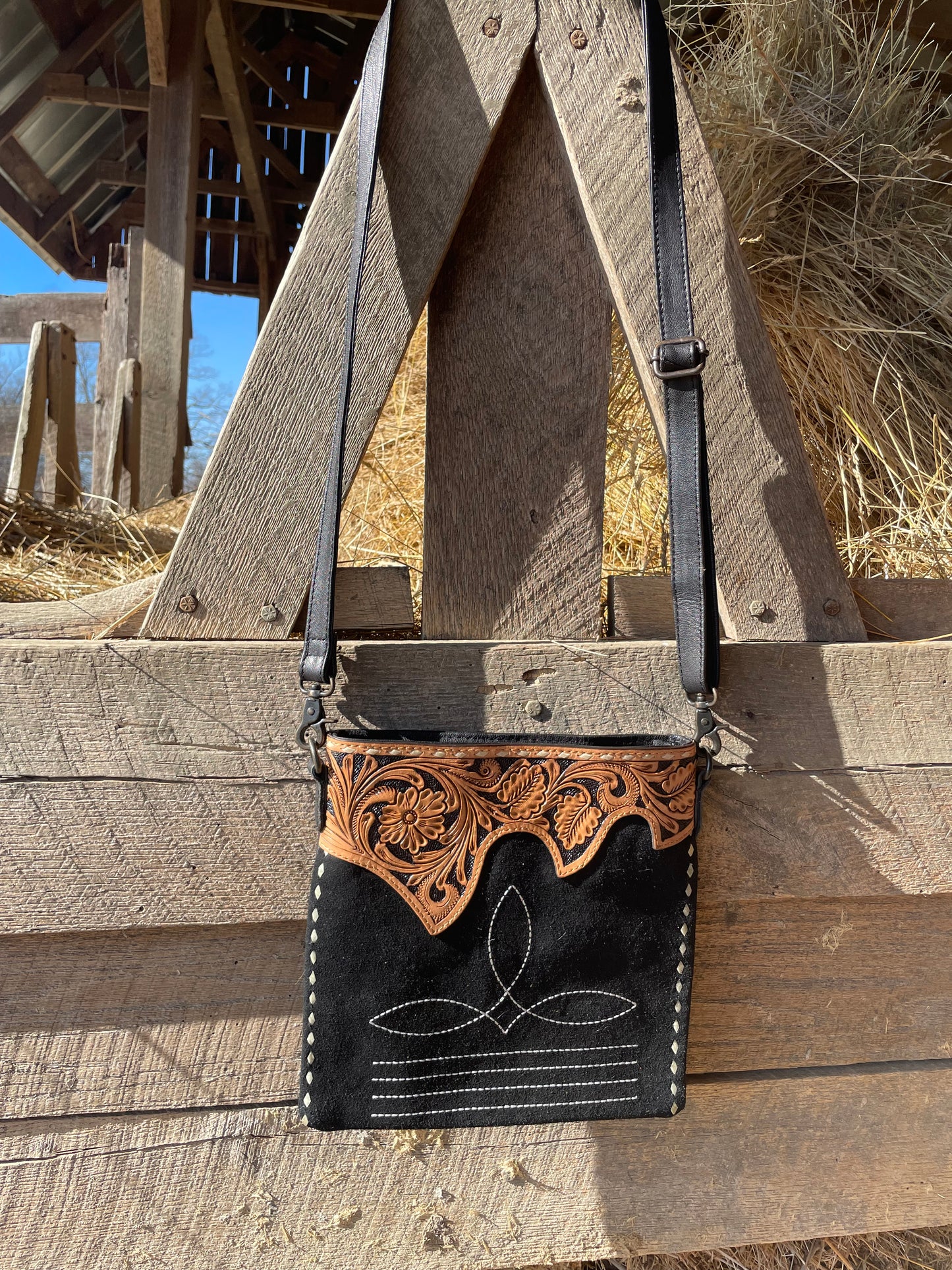 Roughout & Tooled Leather Boot Stitch Crossbody Bag