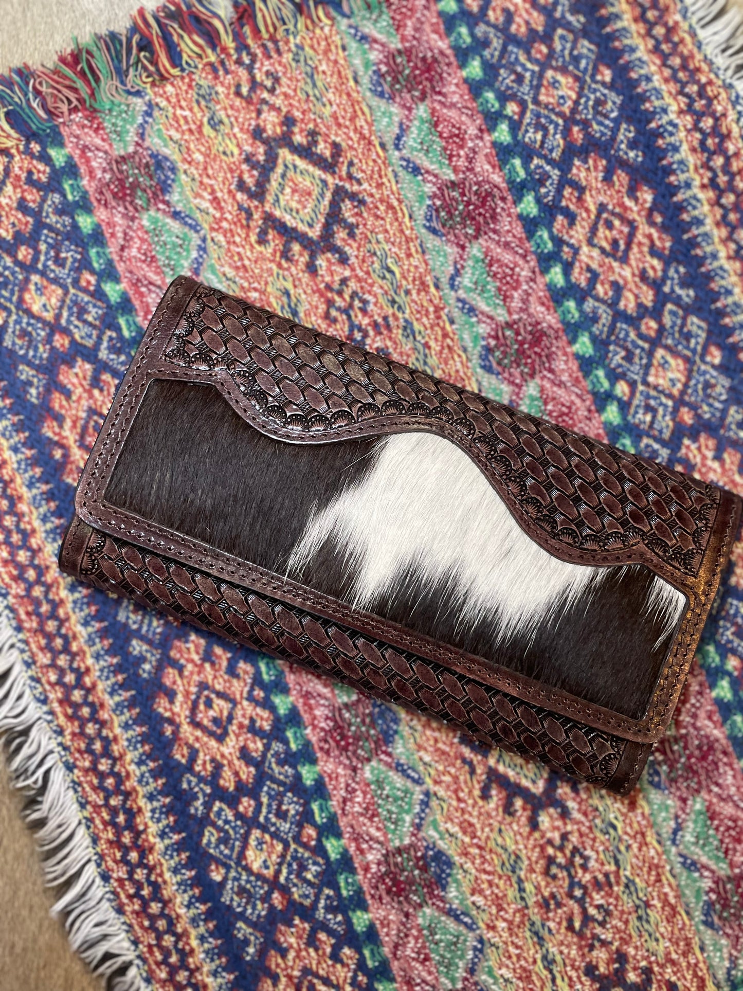 Basketweave Leather & Cowhide Tri-fold Wallet