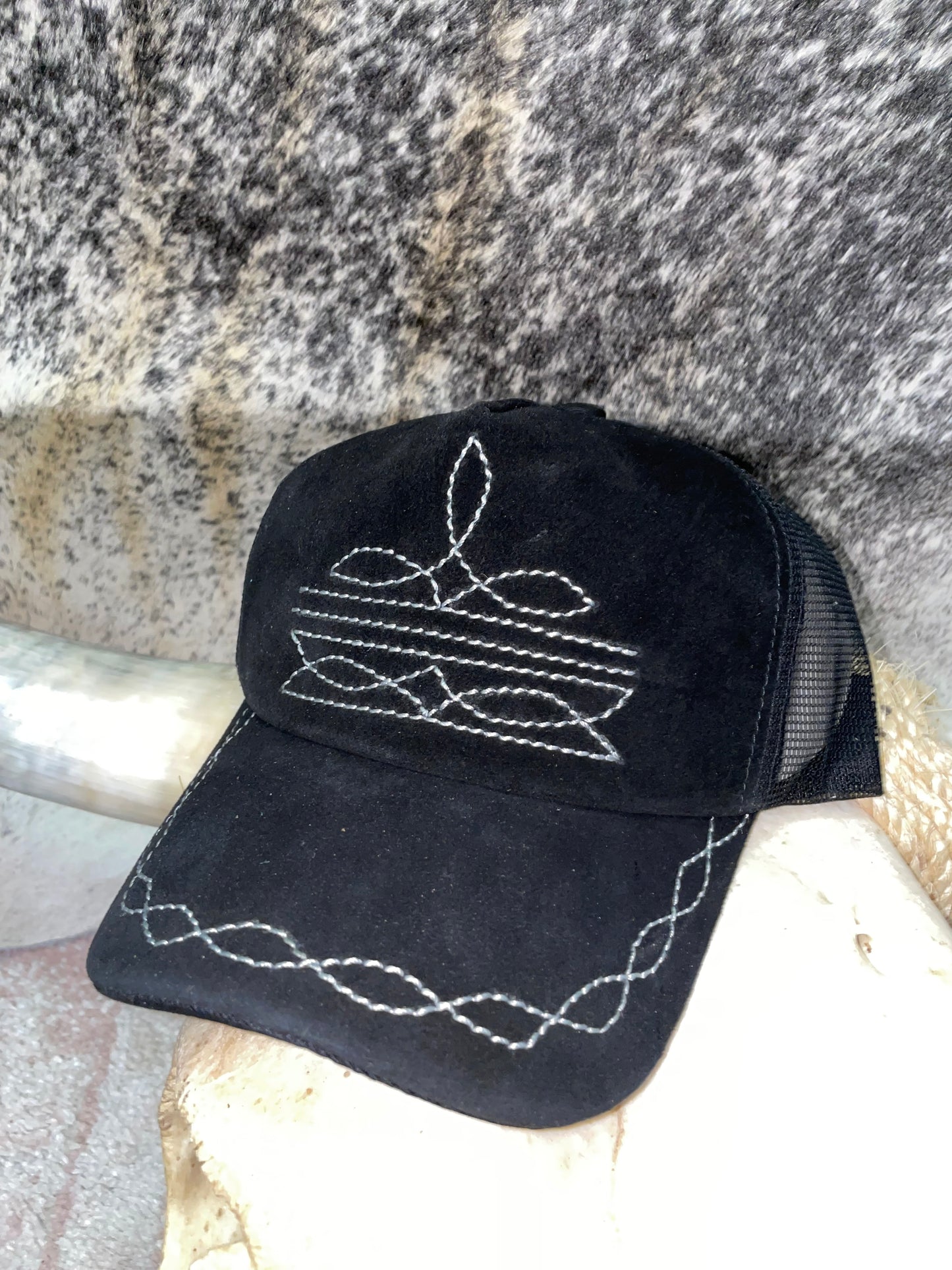Rough Out Leather Boot Stitch Trucker Hat in Black