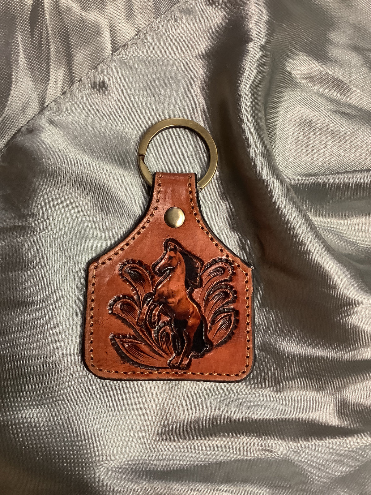 Rearing Horse Cowhide Ear Tag Keychain