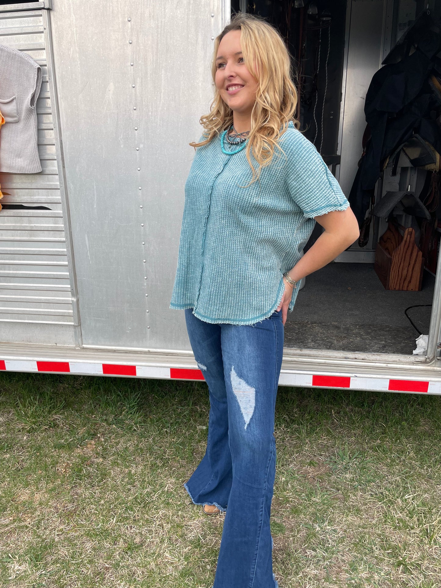 Raw Edge Waffle Knit Top in Dusty Turquoise