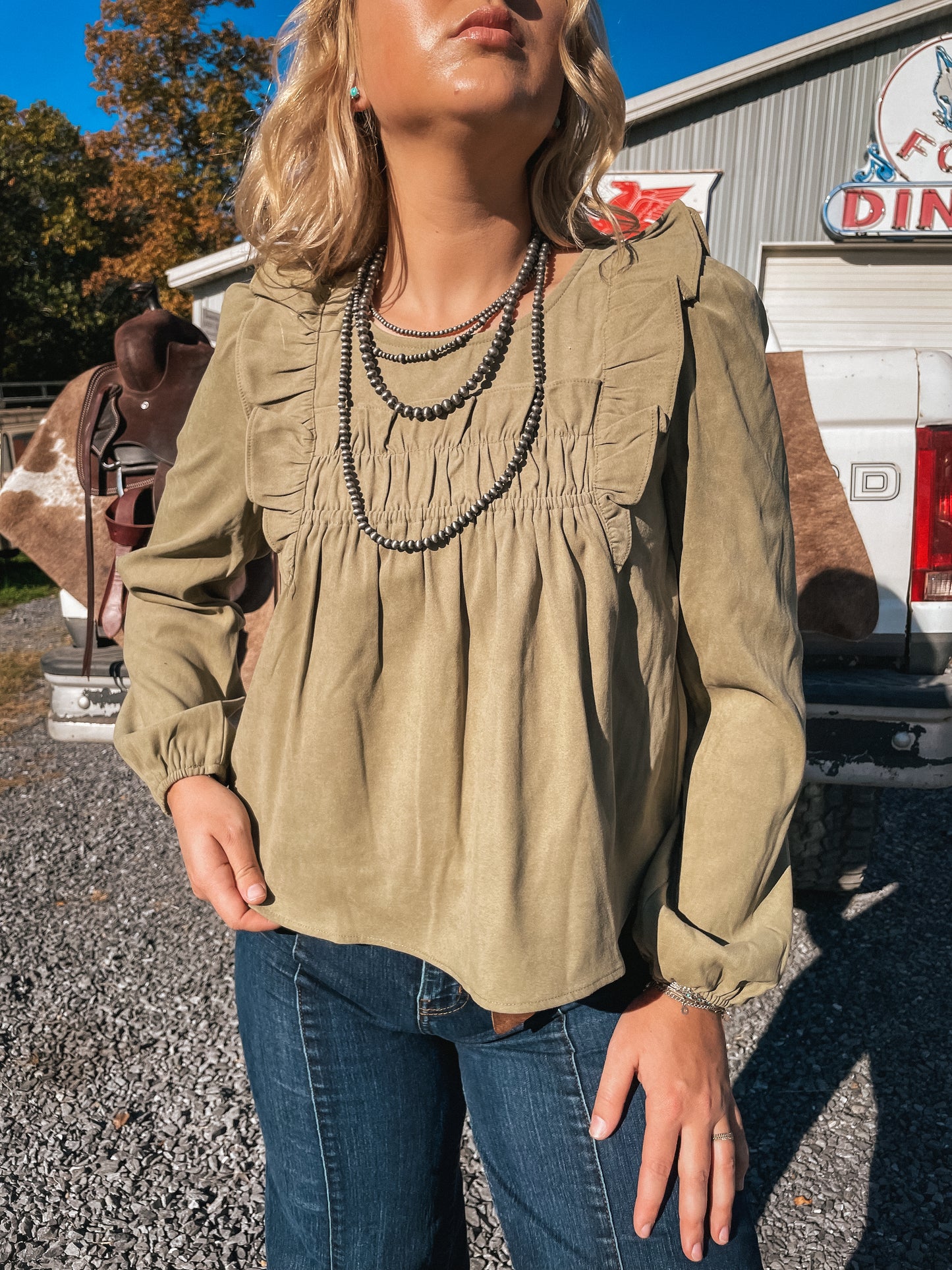 Sage Creek Ruffle Shoulder Top in Olive