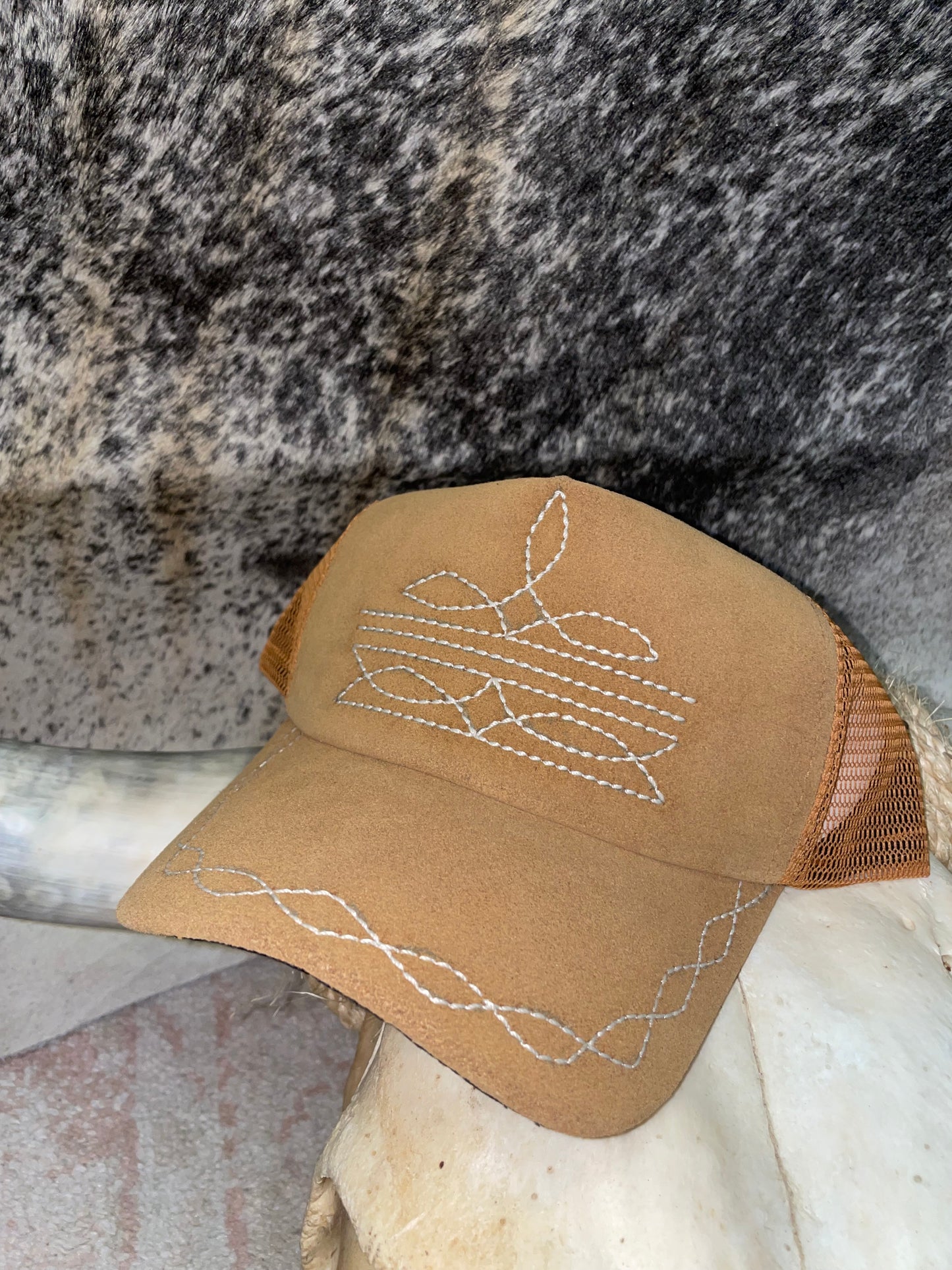 Rough Out Leather Boot Stitch Trucker Hat in Tan