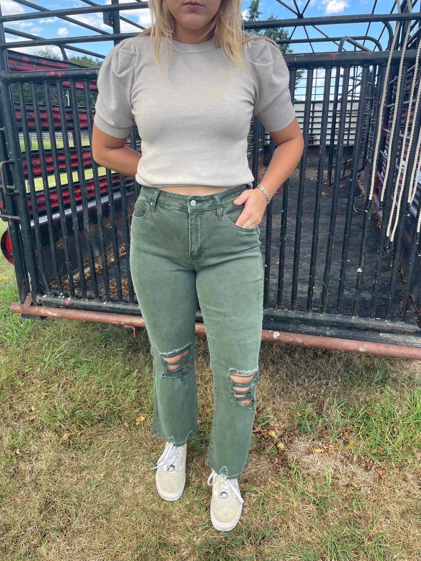 Annie Distressed Straight Leg Jeans in Olive