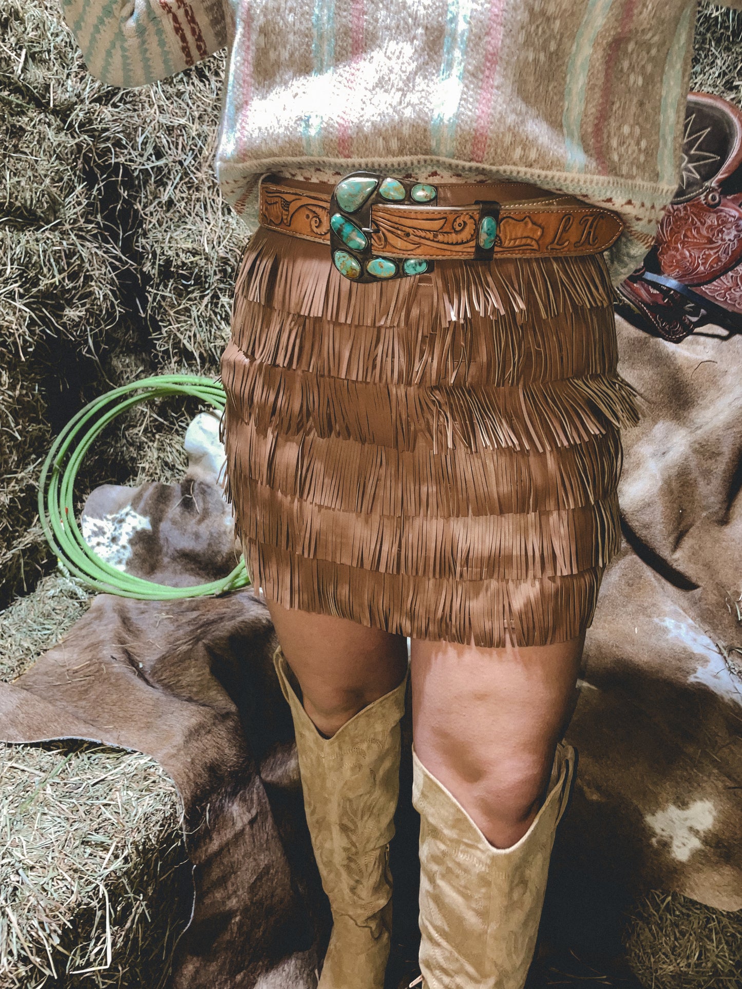 Faux Leather Fringe Mini Skirt in Brown
