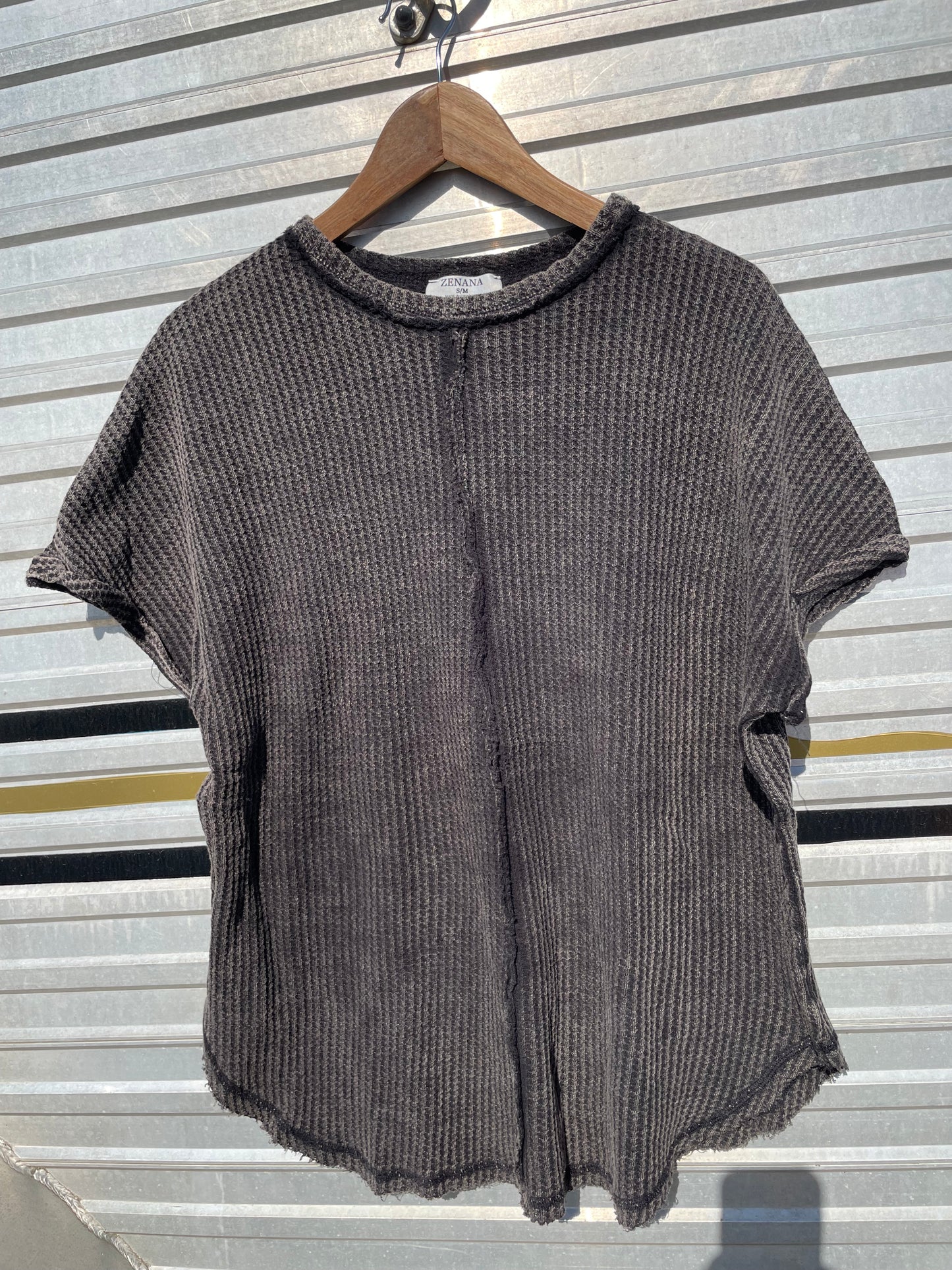 Raw Edge Waffle Knit Top in Black