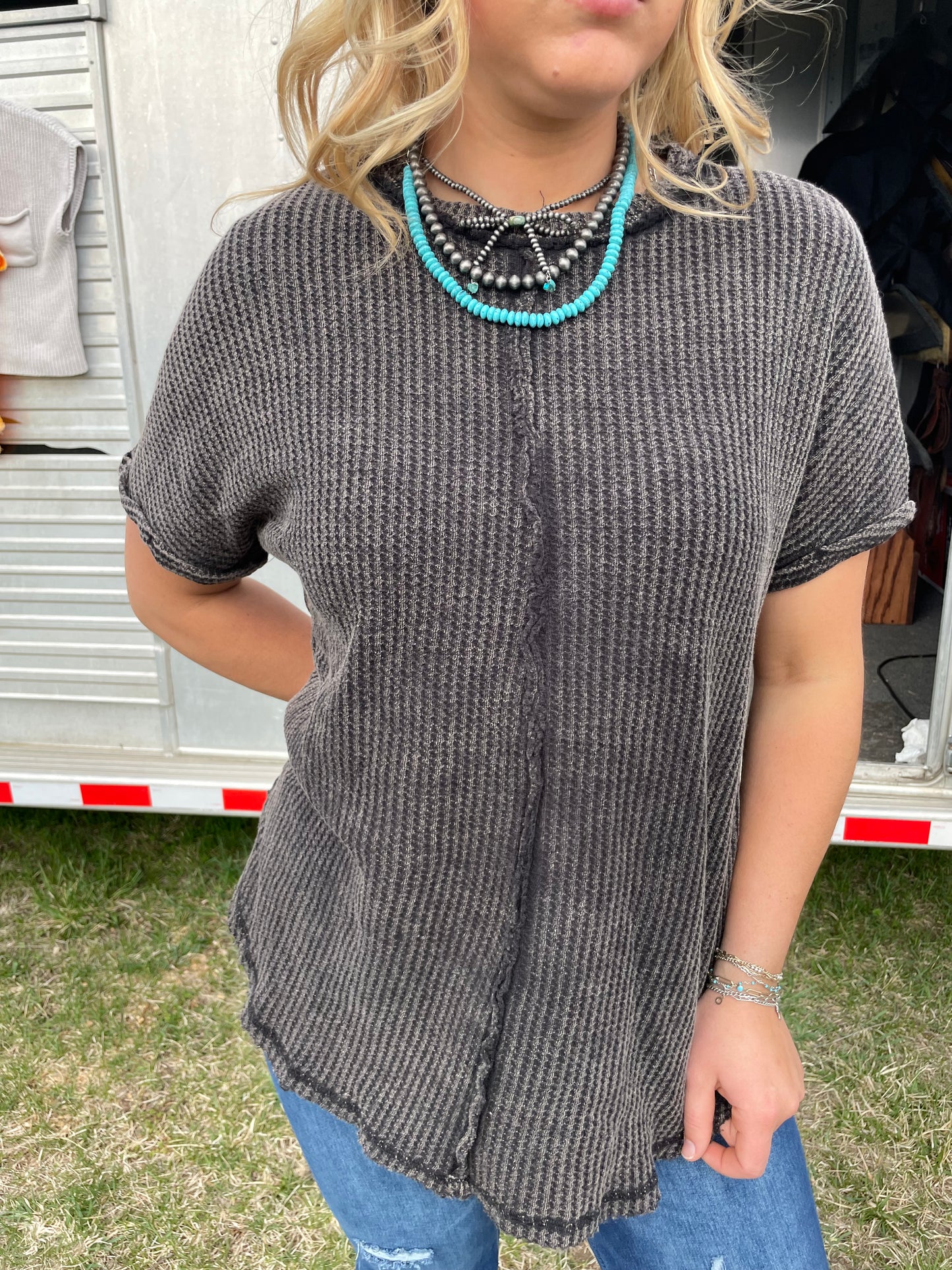 Raw Edge Waffle Knit Top in Black