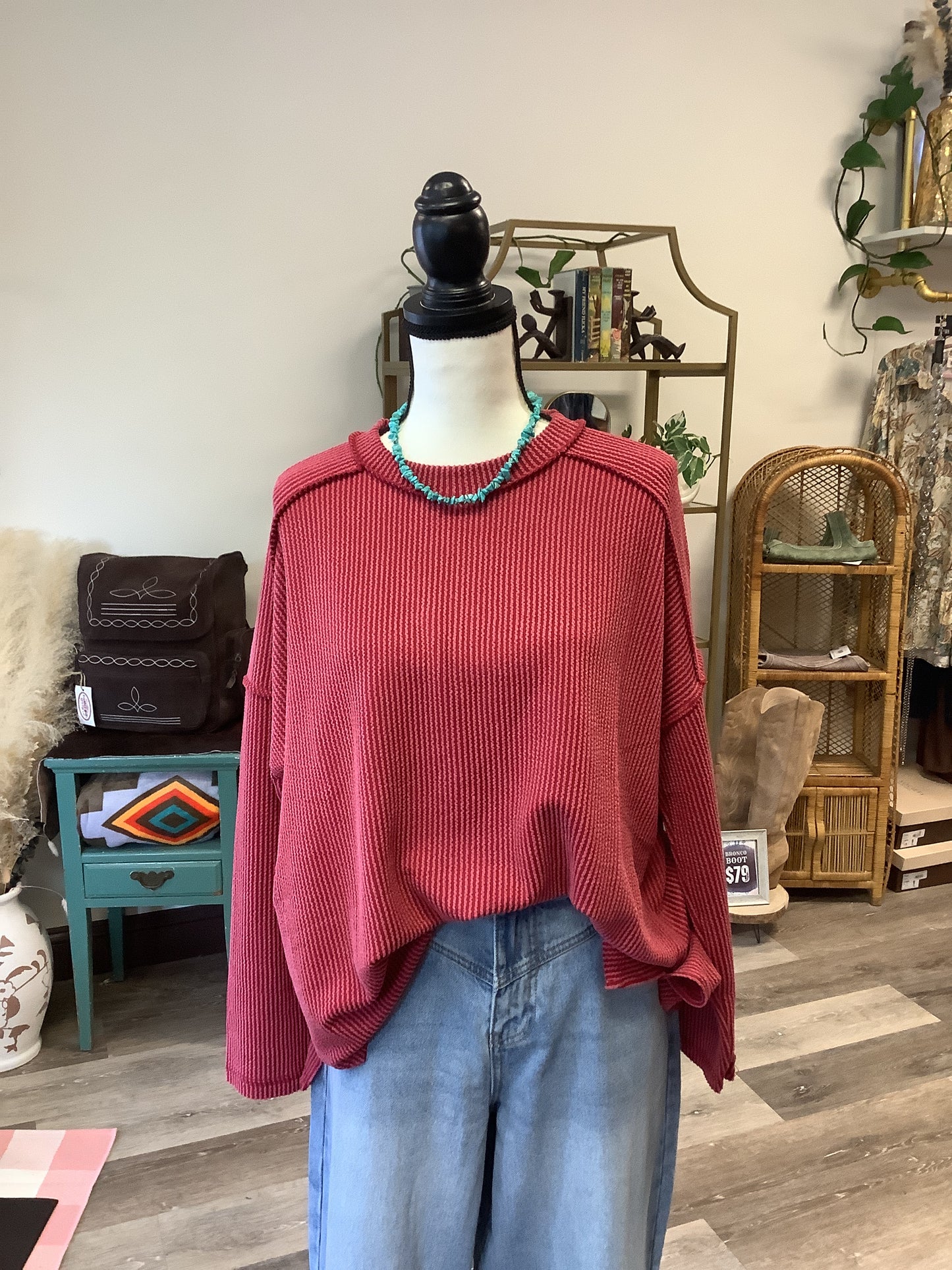 Raw Edge Ribbed Long Sleeve Tee // Wine