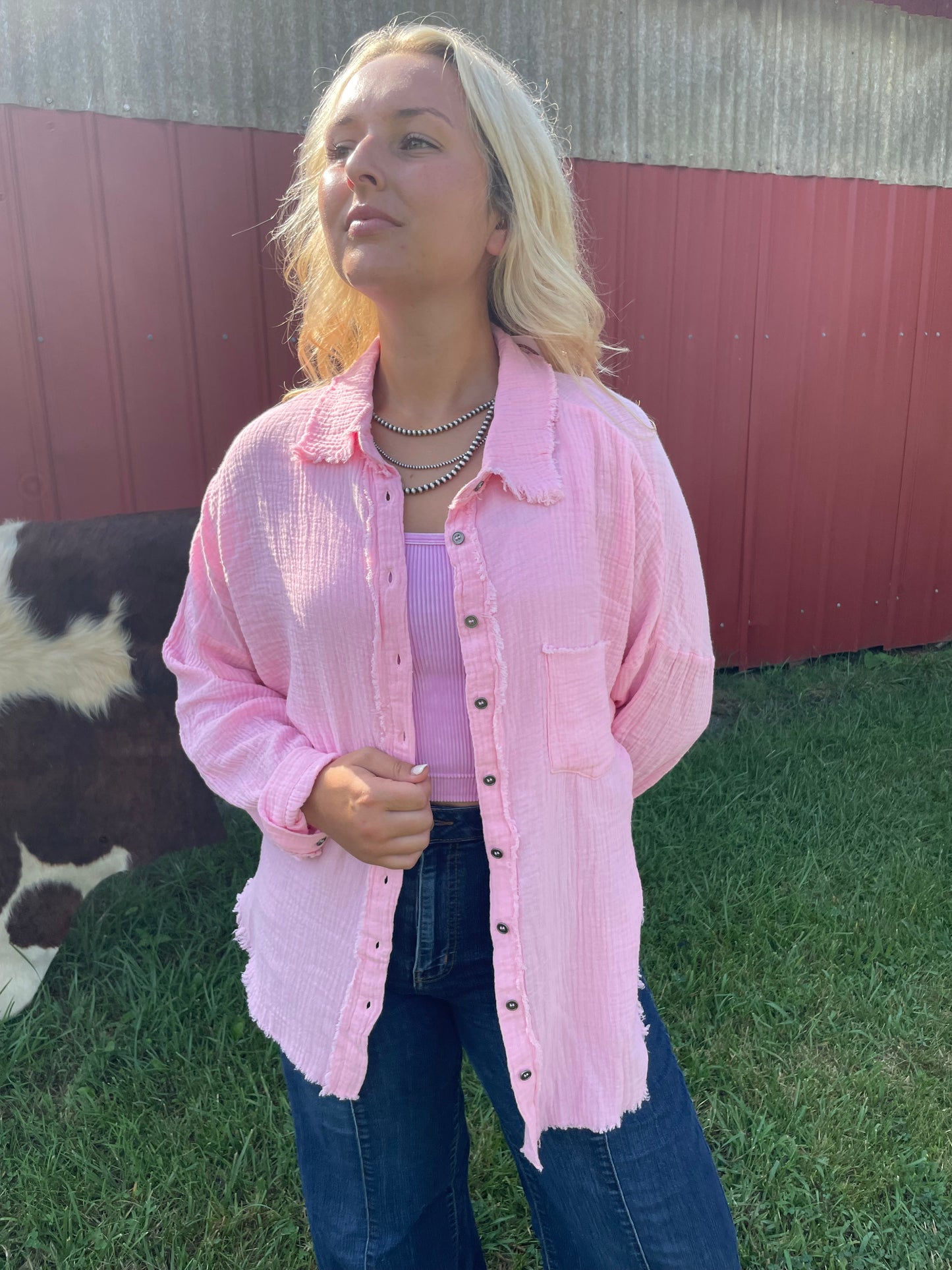 Basic Gauze Button-Up Shirt in Candy Pink