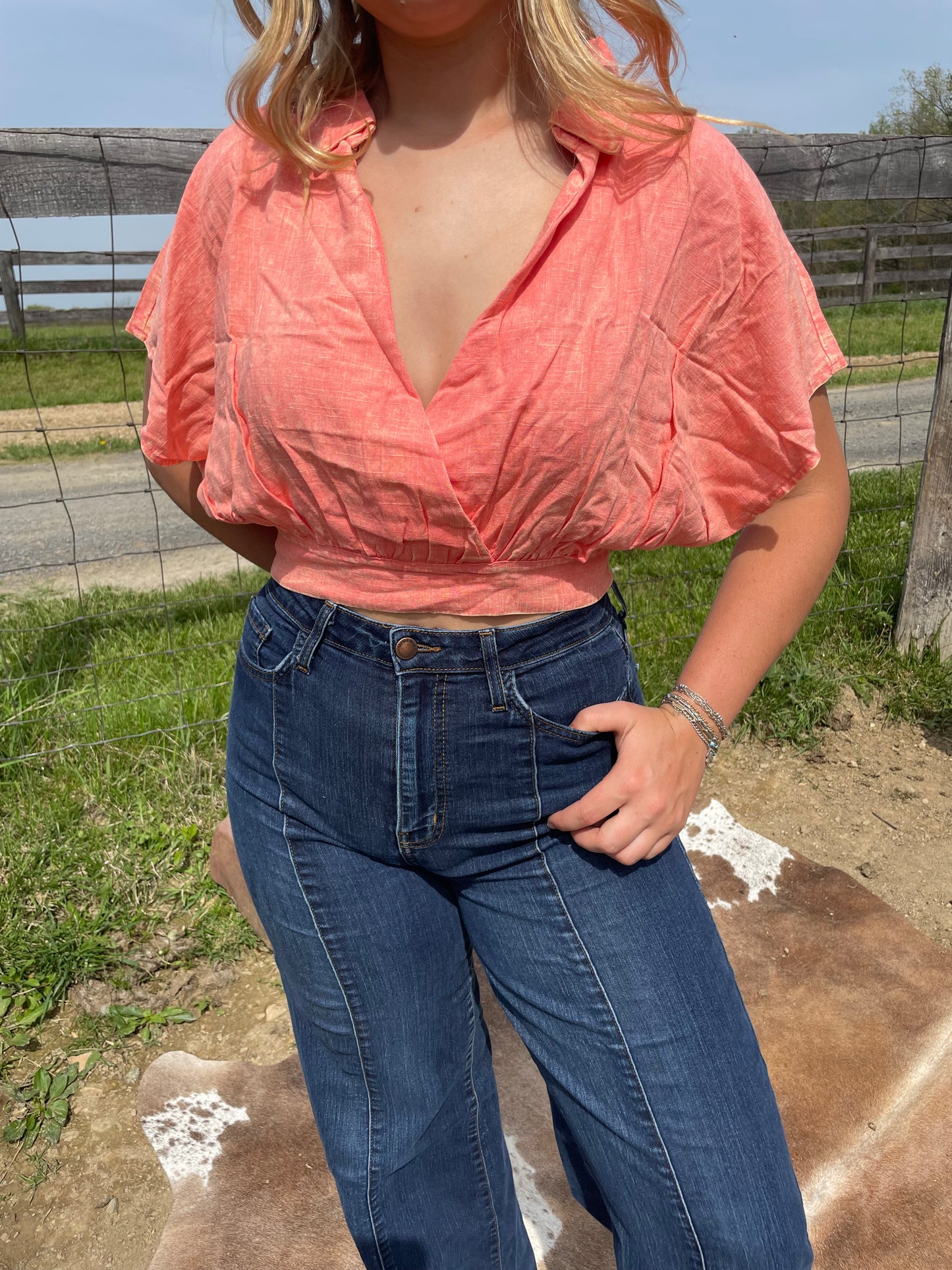 Linen Surplice Top in Coral