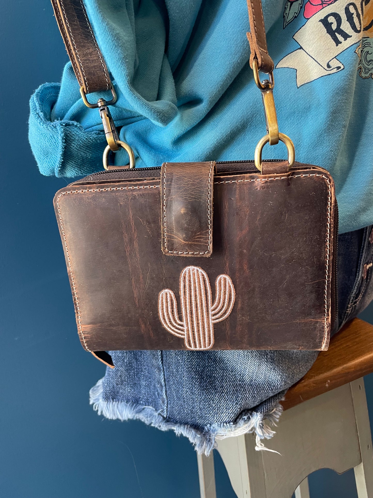 Genuine Leather Crossbody Bag with Cactus Embroidery