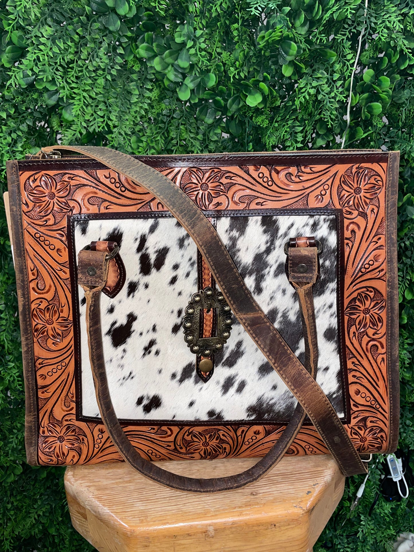 Genuine Tooled Leather & Cowhide Tote Bag