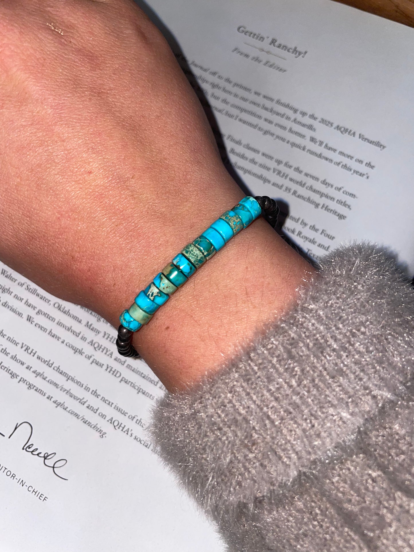 Turquoise Disc + Navajo Pearl Stretch Bracelet