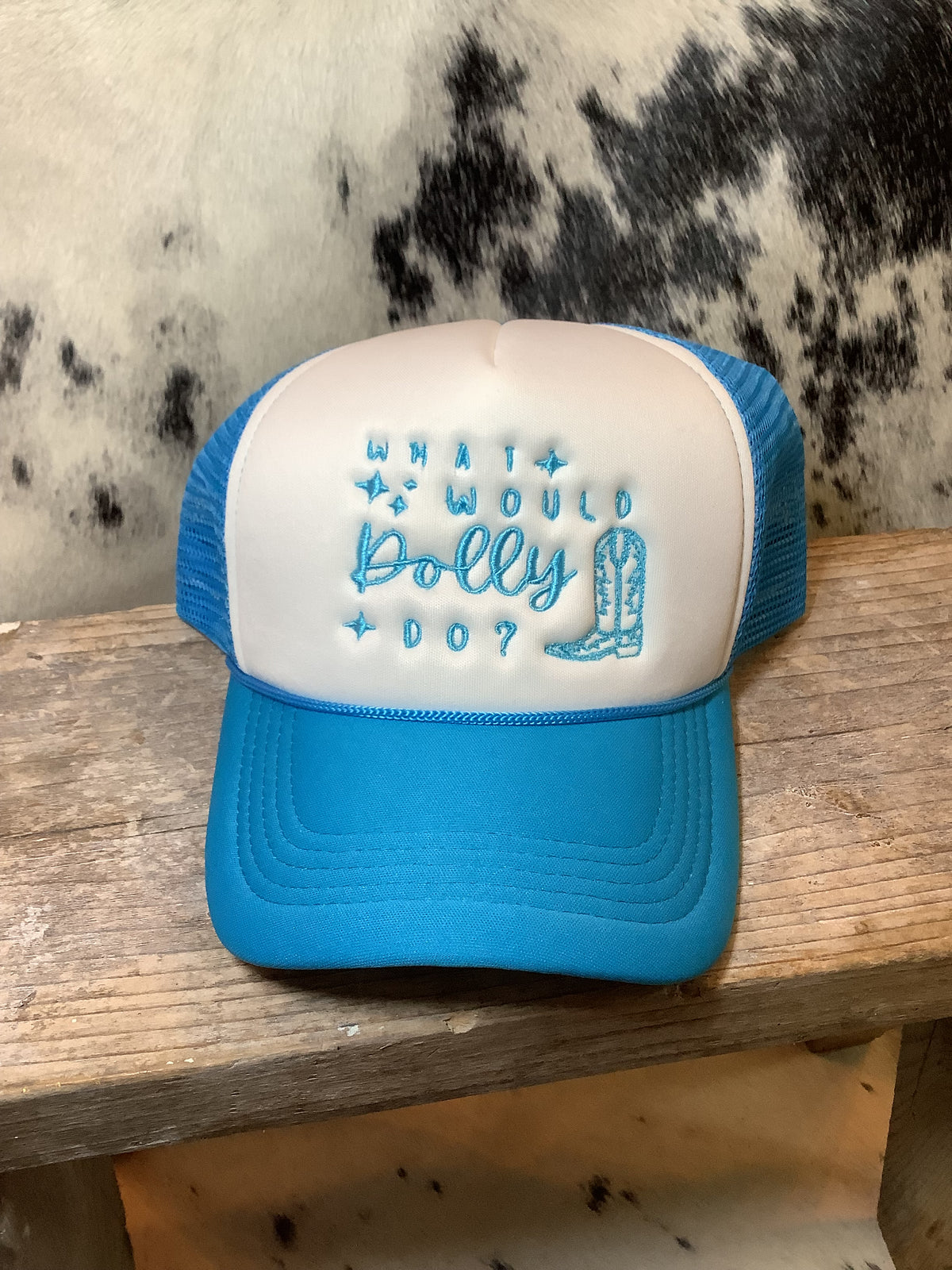 New Custom Designed Blue Distressed Baseball Cap with In Dolly We Trust Dolly Parton Baseball Cap – Nashville Dollys main image 2