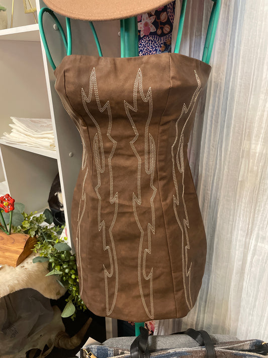 Boot Stitch Mini Dress in Brown