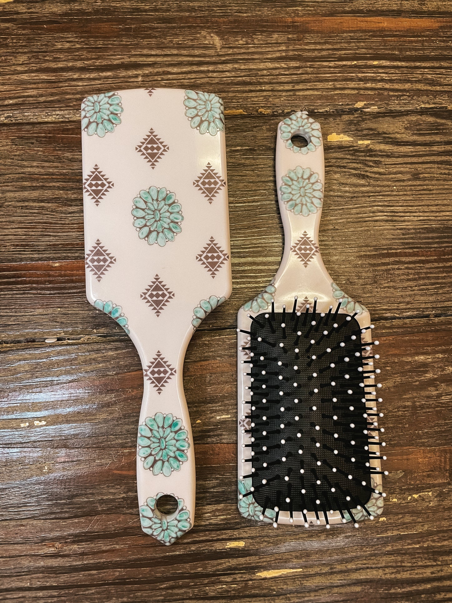 Western Paddle Hair Brush — Turquoise Squash Blossom